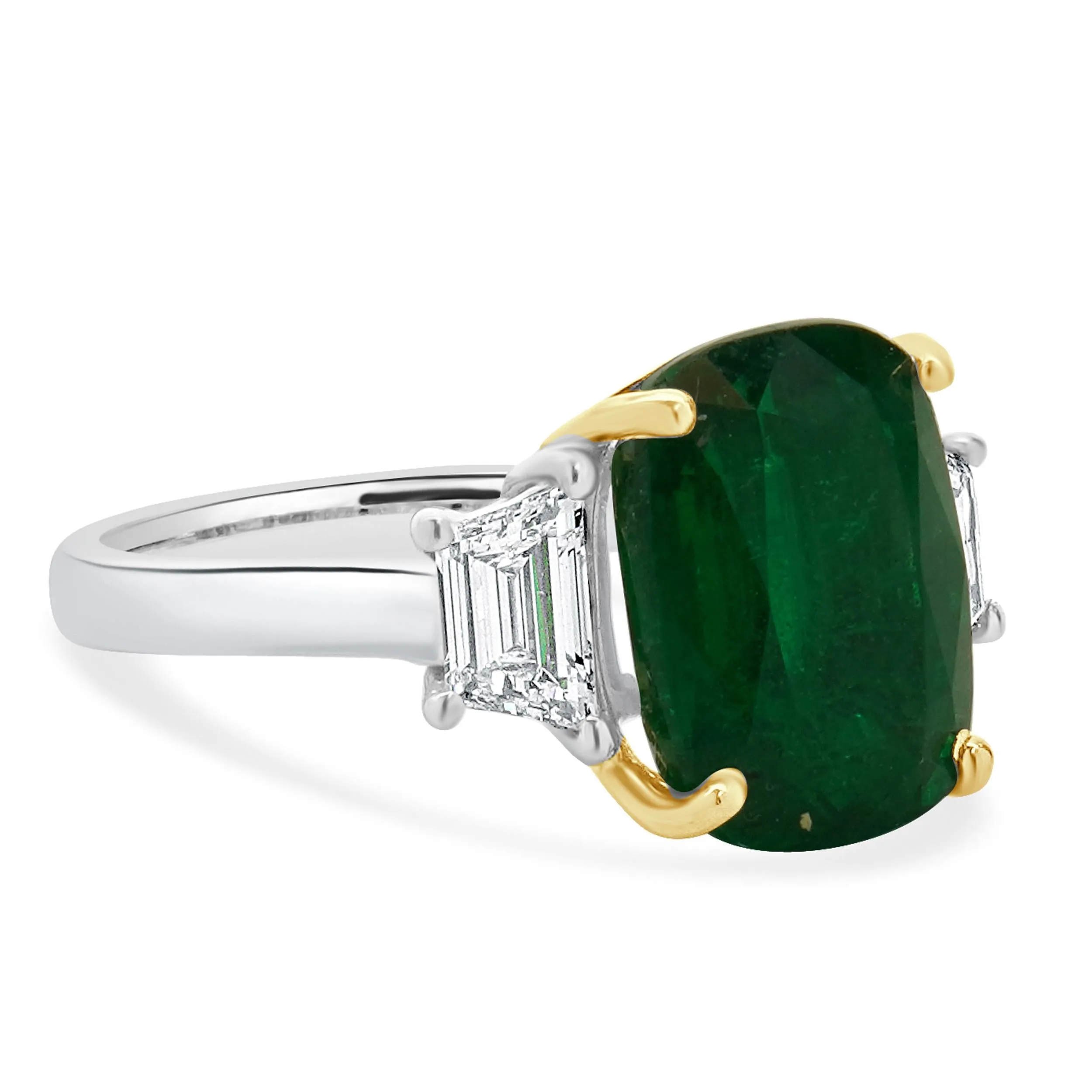 18 Karat White & Yellow Gold Emerald and Diamond Three Stone Ring