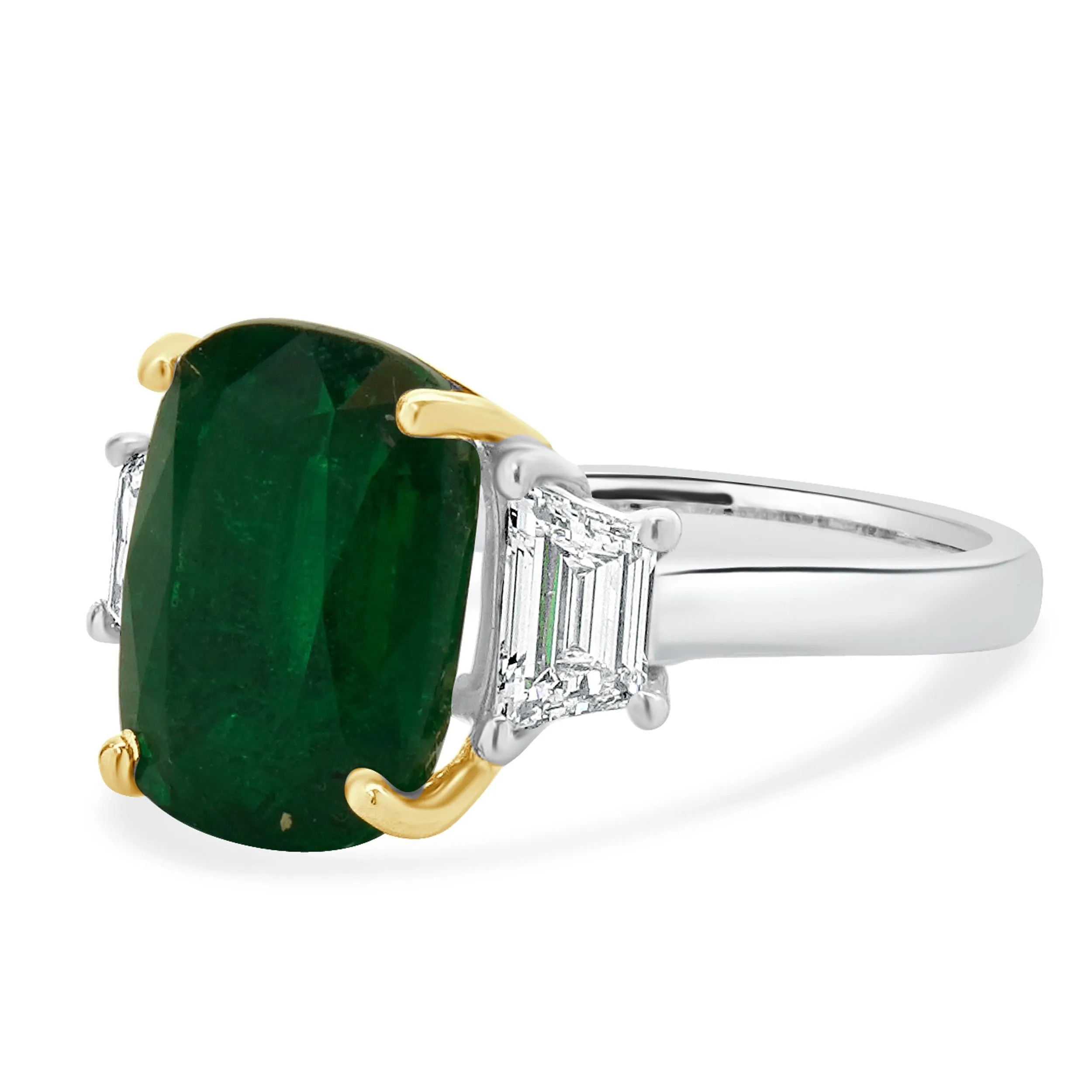18 Karat White & Yellow Gold Emerald and Diamond Three Stone Ring