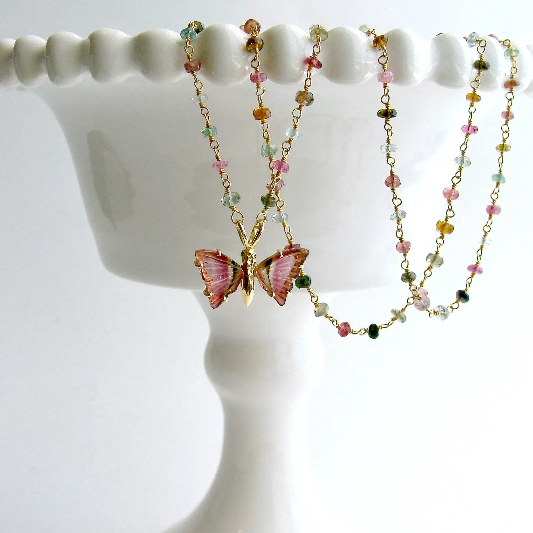 18K Gold Pink Green Watermelon Tourmaline Butterfly Necklace - Le Papillon X Necklace