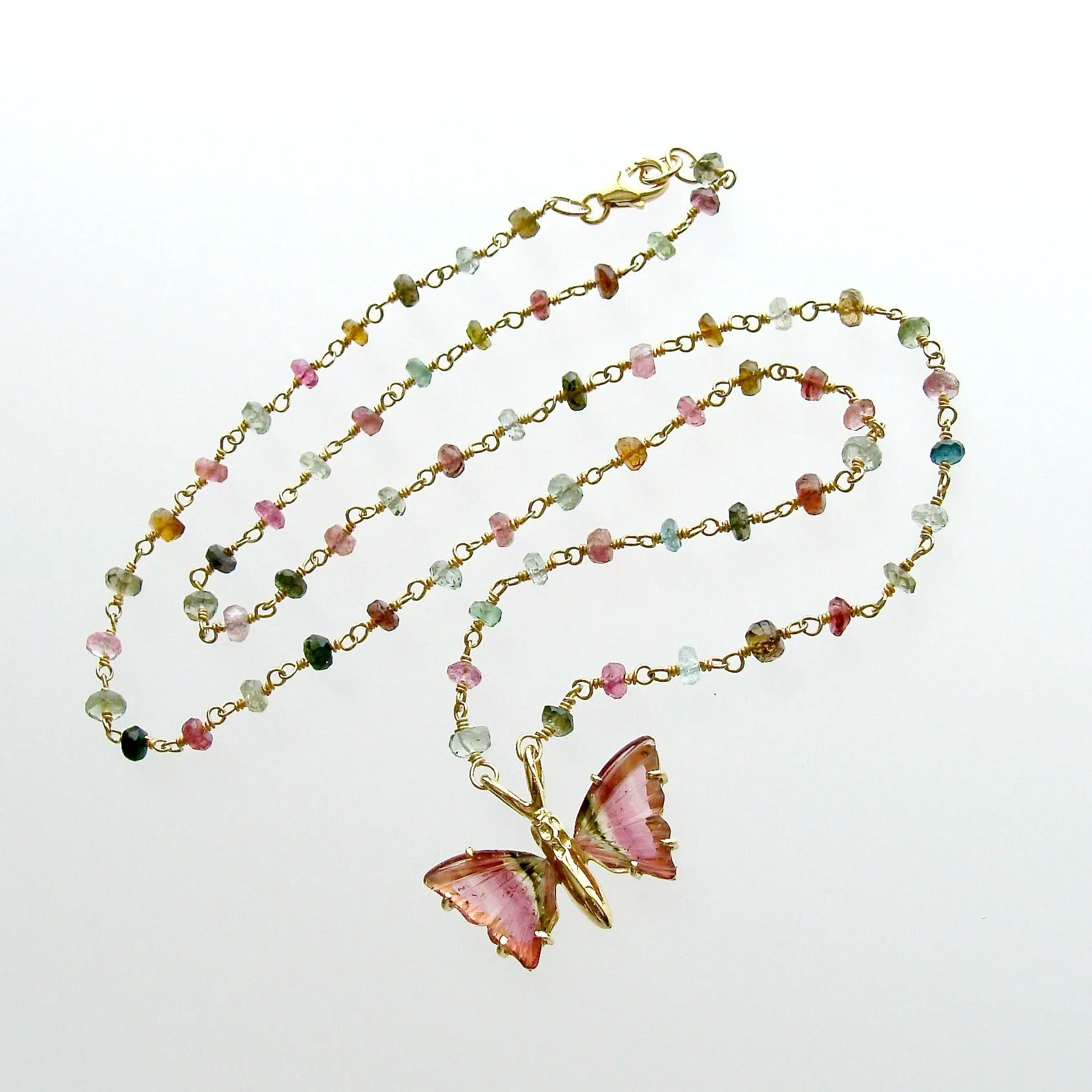 18K Gold Pink Green Watermelon Tourmaline Butterfly Necklace - Le Papillon X Necklace