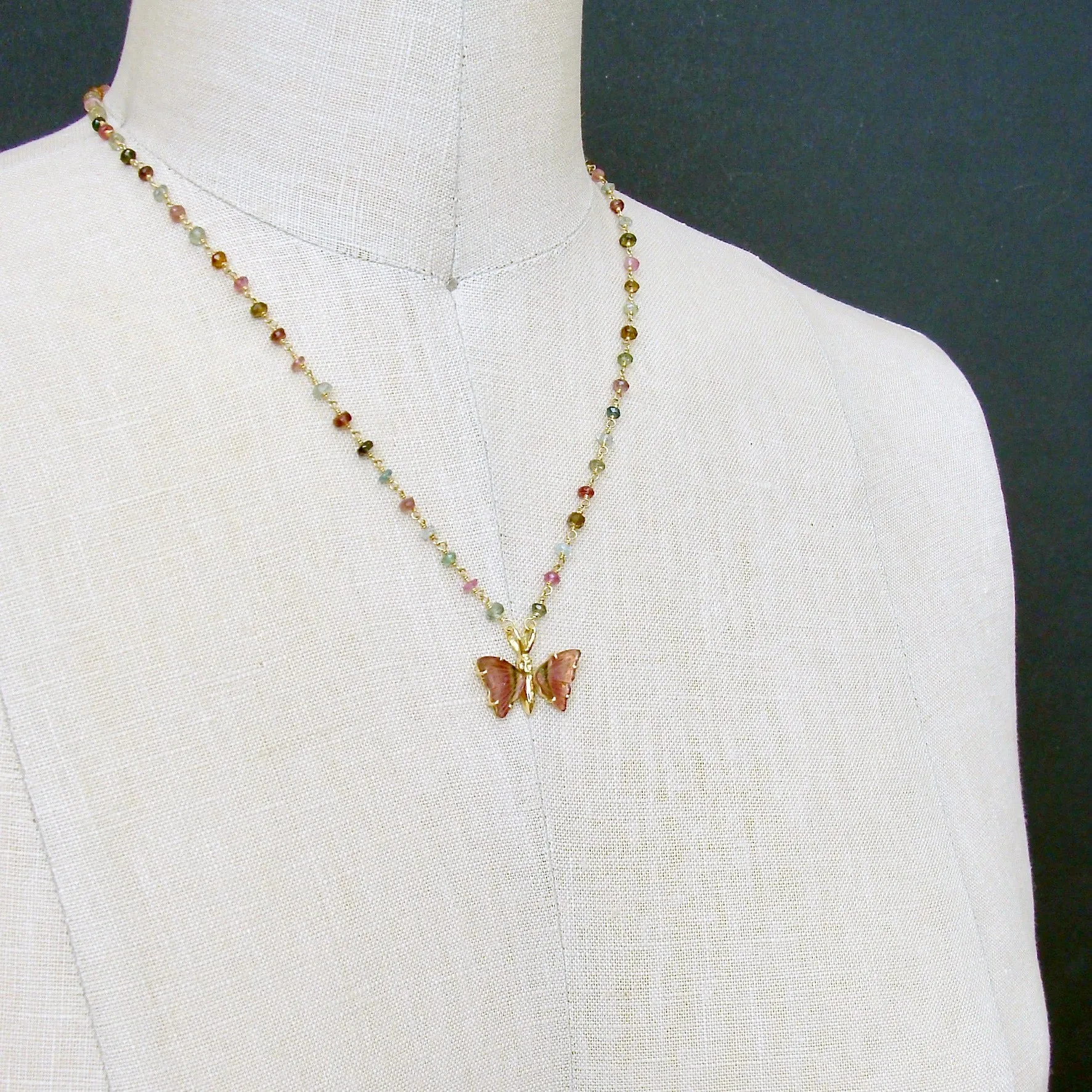 18K Gold Pink Green Watermelon Tourmaline Butterfly Necklace - Le Papillon X Necklace