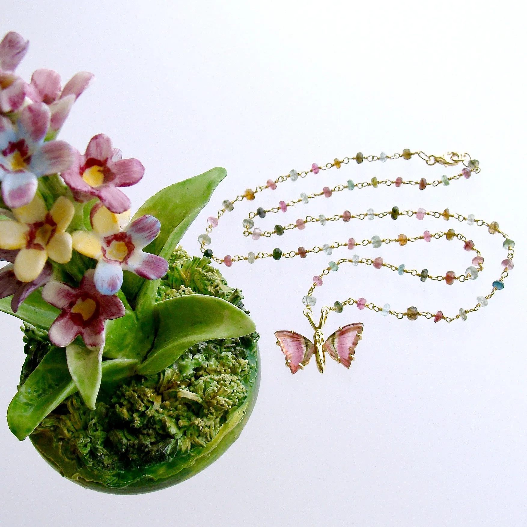 18K Gold Pink Green Watermelon Tourmaline Butterfly Necklace - Le Papillon X Necklace