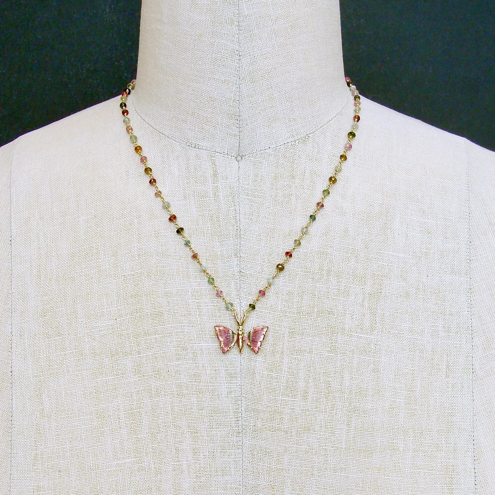 18K Gold Pink Green Watermelon Tourmaline Butterfly Necklace - Le Papillon X Necklace