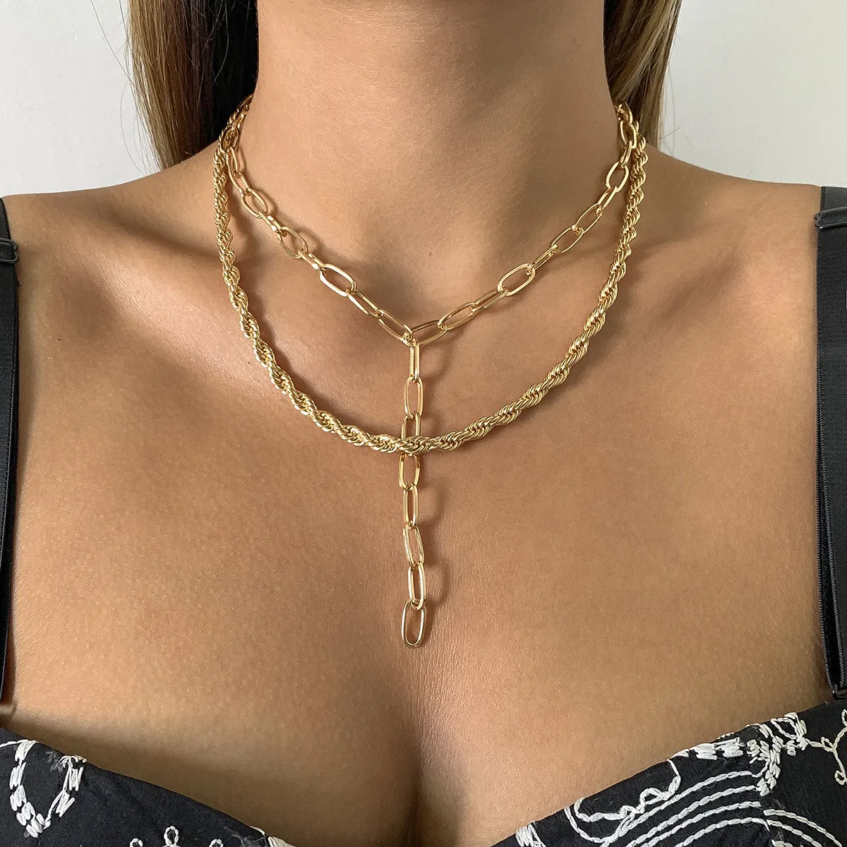 18K Gold-Plated Chain Link Drop Necklace Set