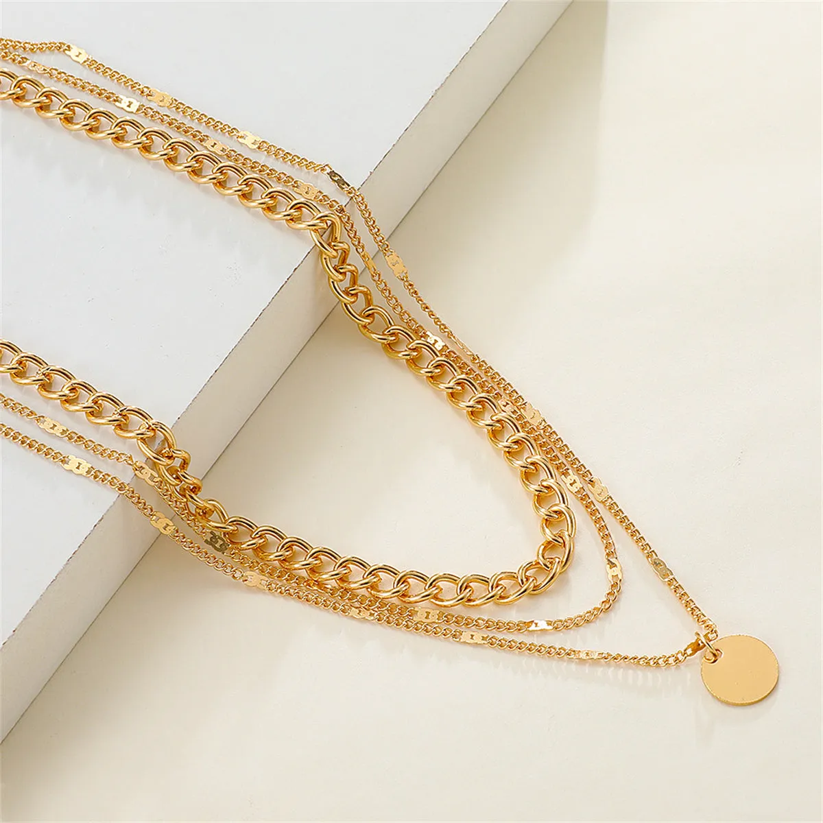 18K Gold-Plated Cuban Chain Pendant Layered Necklace