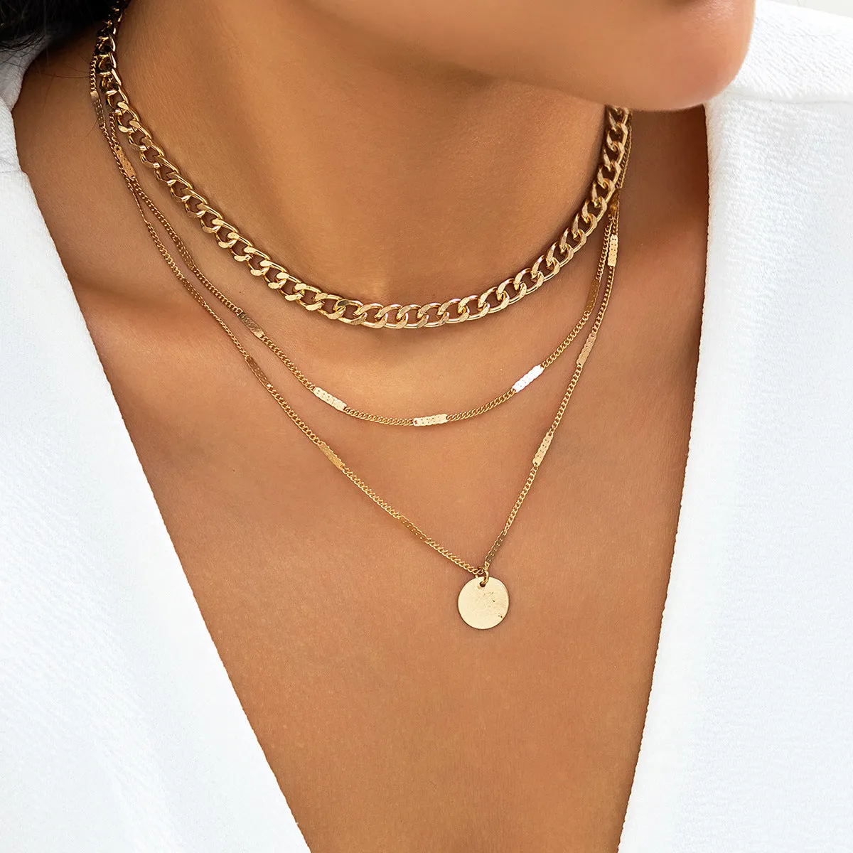 18K Gold-Plated Cuban Chain Pendant Layered Necklace