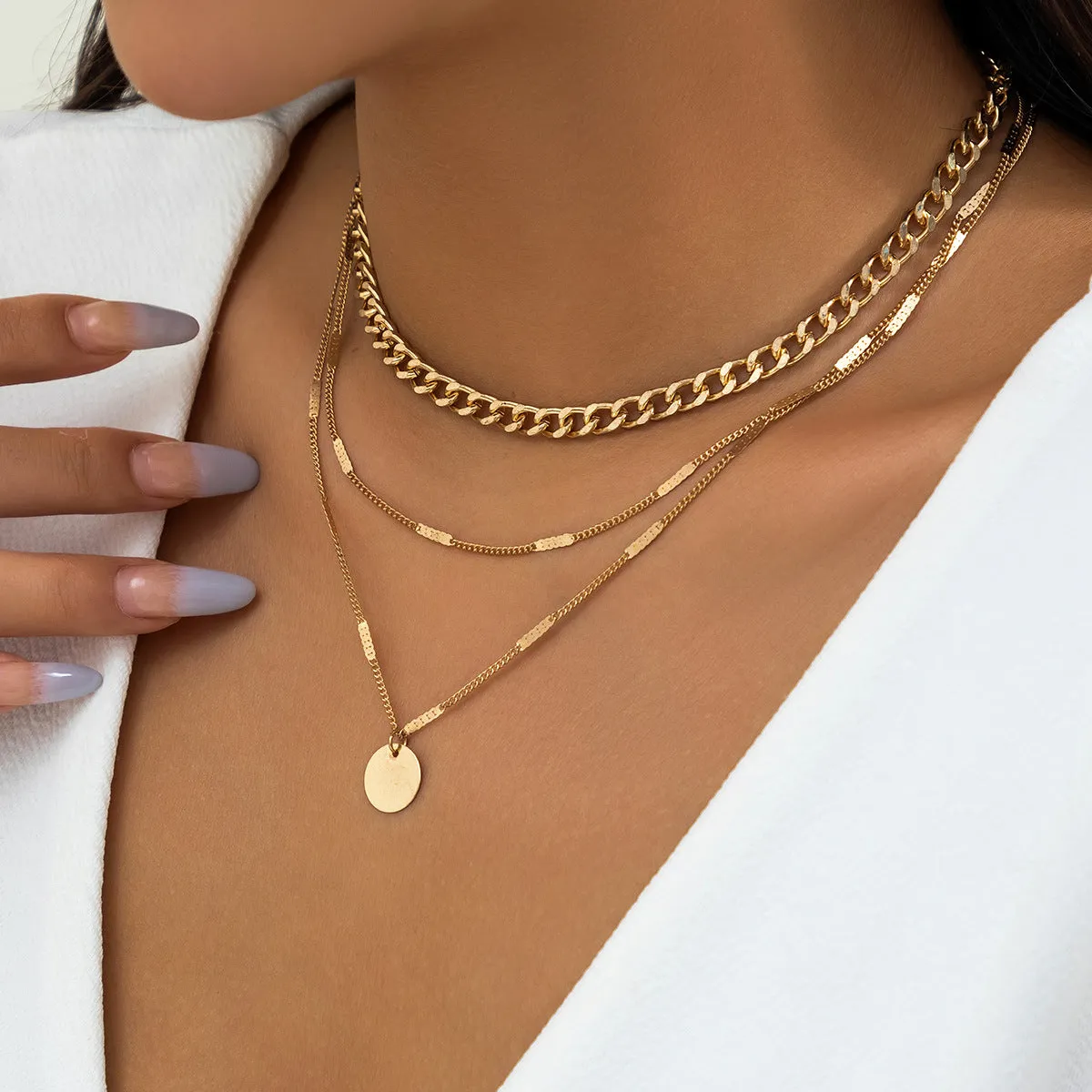 18K Gold-Plated Cuban Chain Pendant Layered Necklace