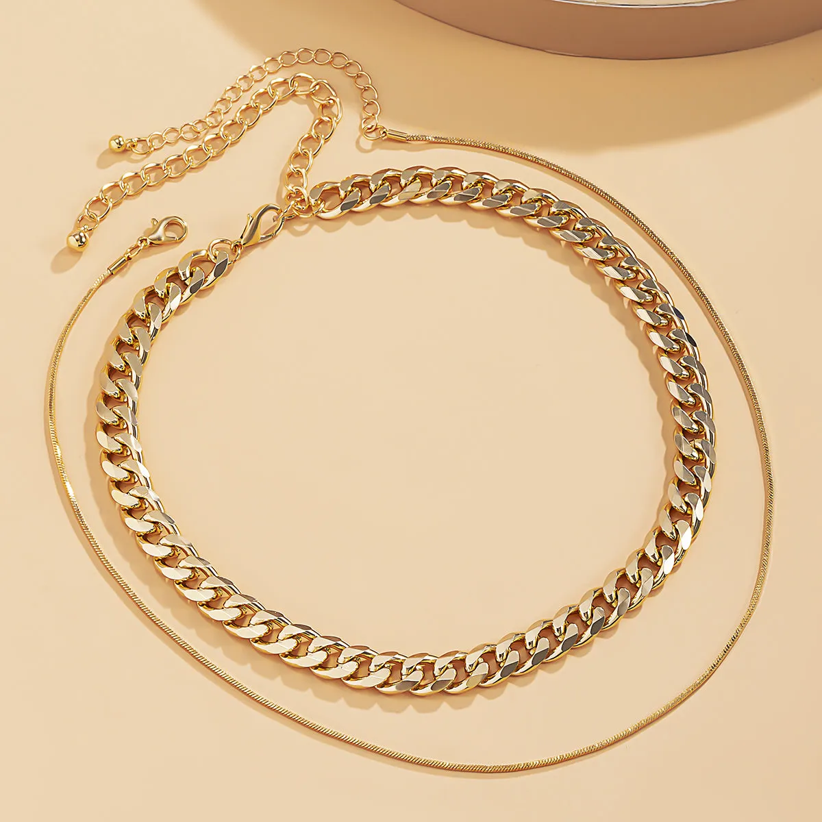 18K Gold-Plated Curb Chain Choker Necklace & Mini Herringbone Chain