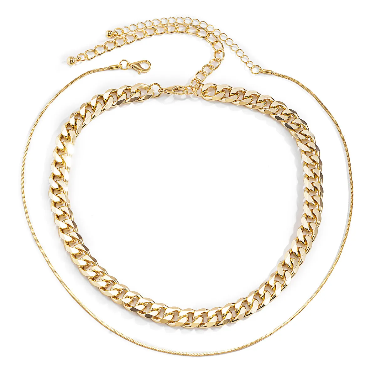 18K Gold-Plated Curb Chain Choker Necklace & Mini Herringbone Chain