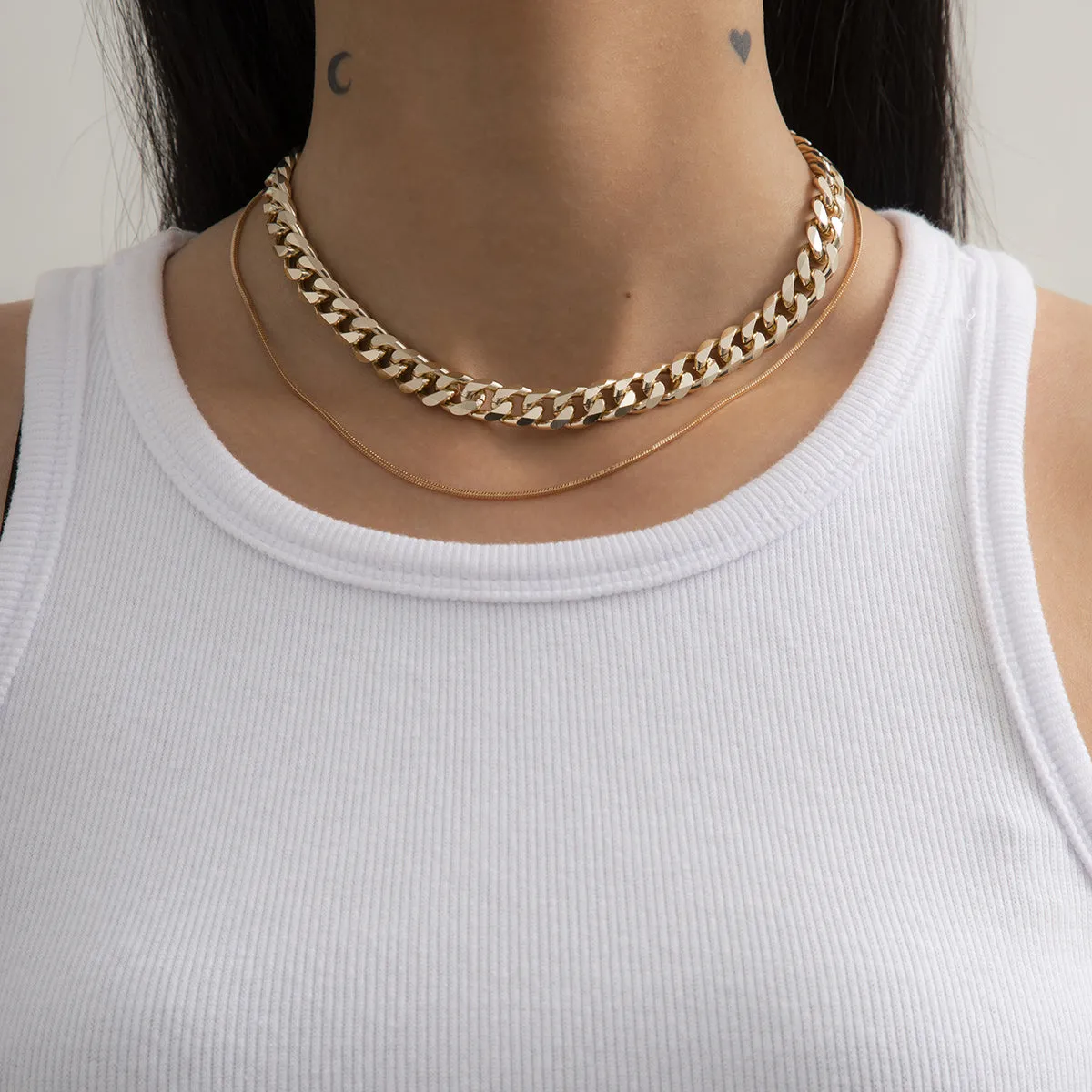 18K Gold-Plated Curb Chain Choker Necklace & Mini Herringbone Chain