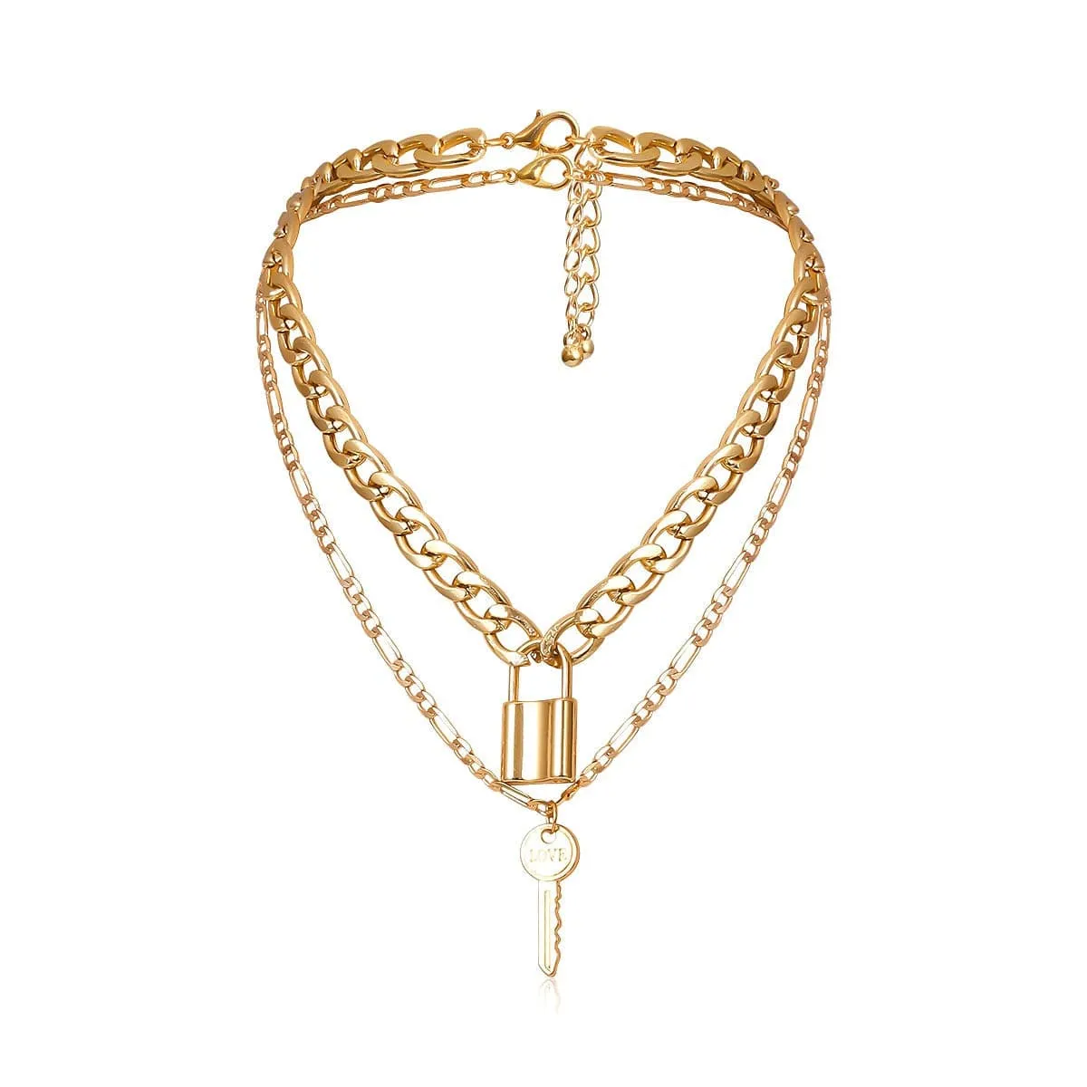 18K Gold-Plated Lock & Key Pendant Necklace Set