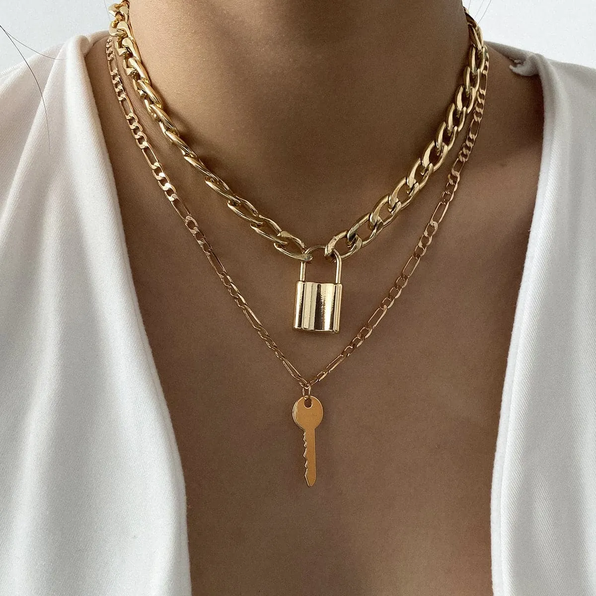 18K Gold-Plated Lock & Key Pendant Necklace Set