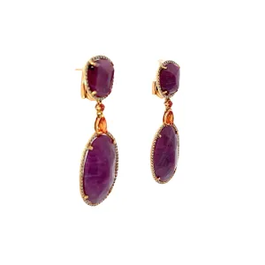 18K Rose Gold 53.00ct Ruby,.70ct G VS2 Round Diamond and 1.00ct Orange Sapphire Dangle Earrings