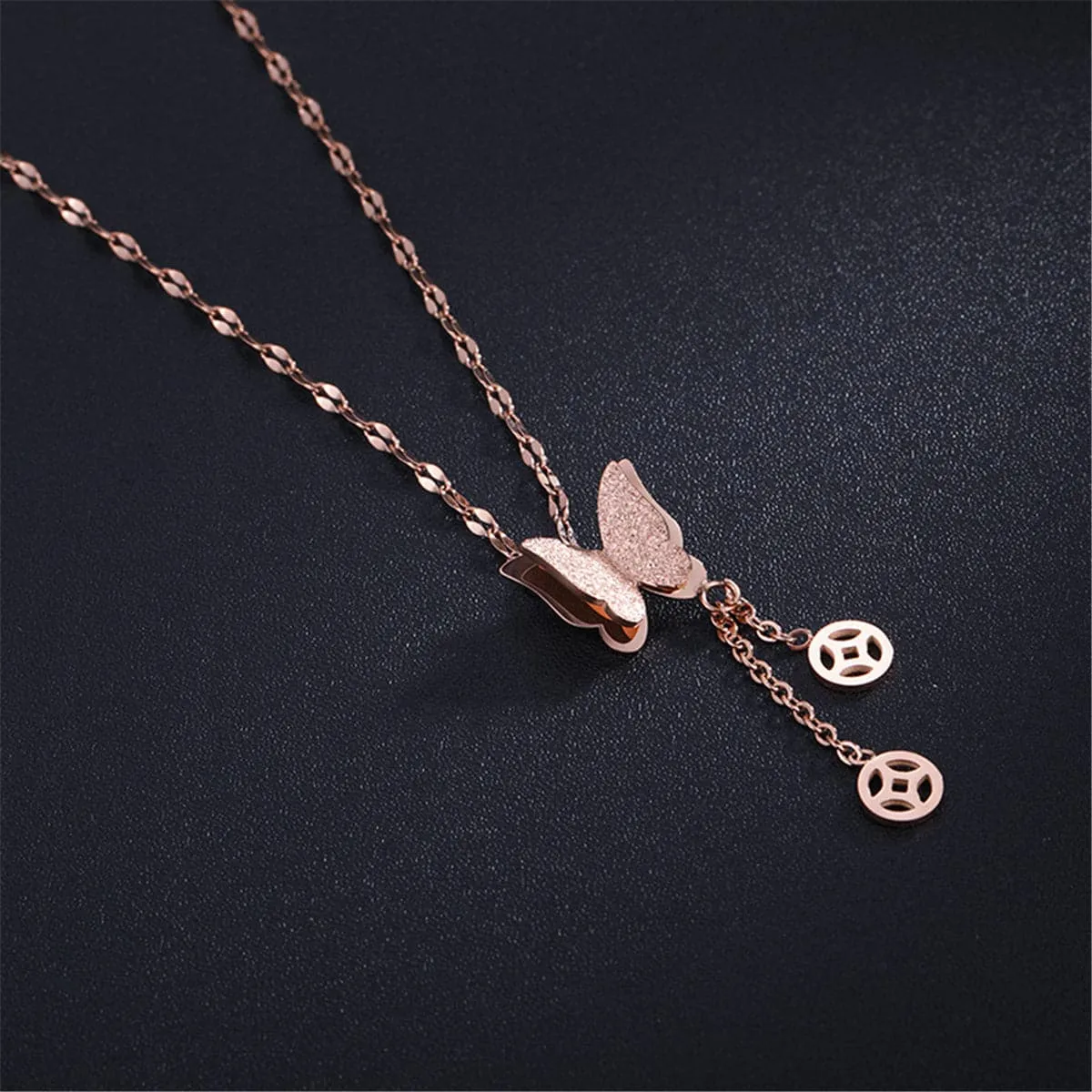 18K Rose Gold-Plated Frosted Butterfly Coin Tassel Pendant Necklace