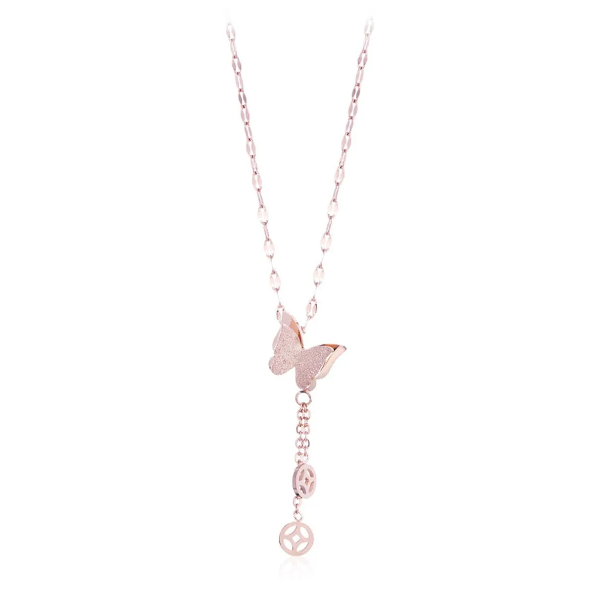 18K Rose Gold-Plated Frosted Butterfly Coin Tassel Pendant Necklace