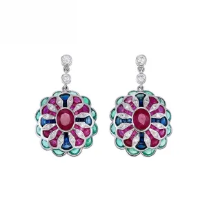 18K White Gold Natural Emerald, Natural Ruby, Natural Blue Sapphire and Diamond Earrings