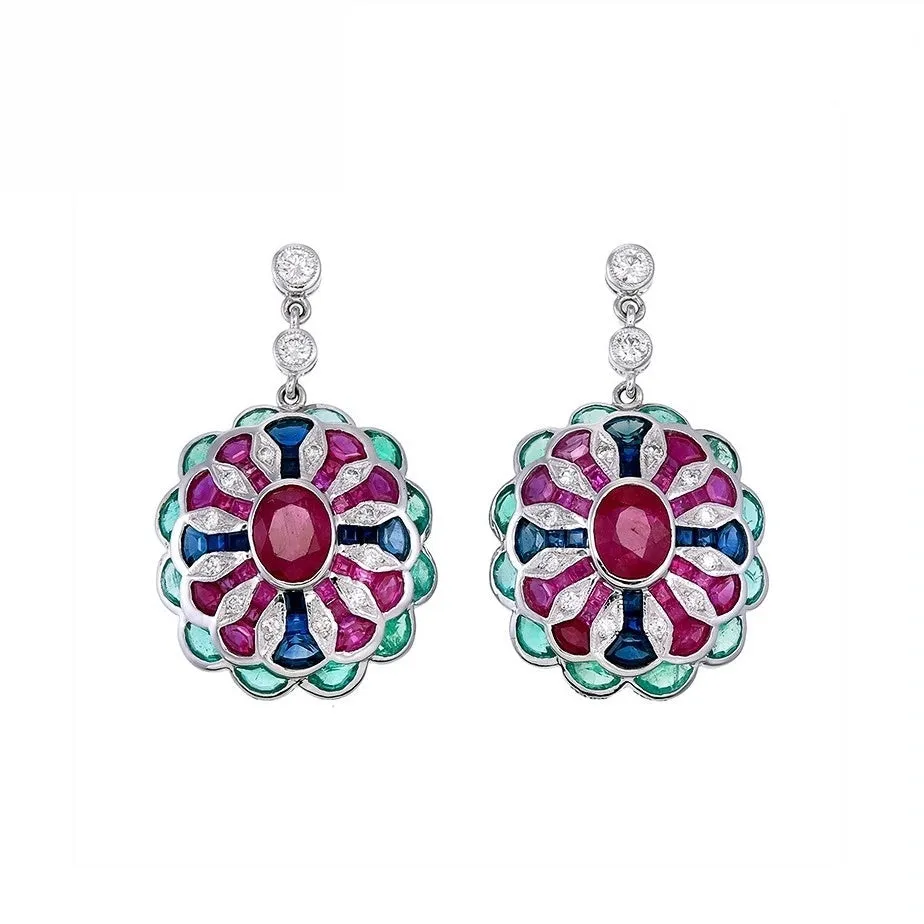 18K White Gold Natural Emerald, Natural Ruby, Natural Blue Sapphire and Diamond Earrings