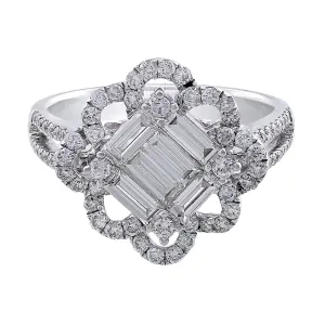 18k White Gold Square Center Floral Loop Bezel Diamond Ring