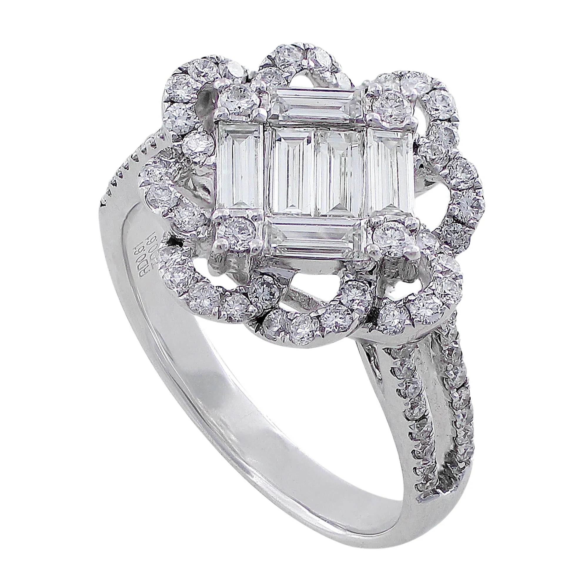 18k White Gold Square Center Floral Loop Bezel Diamond Ring