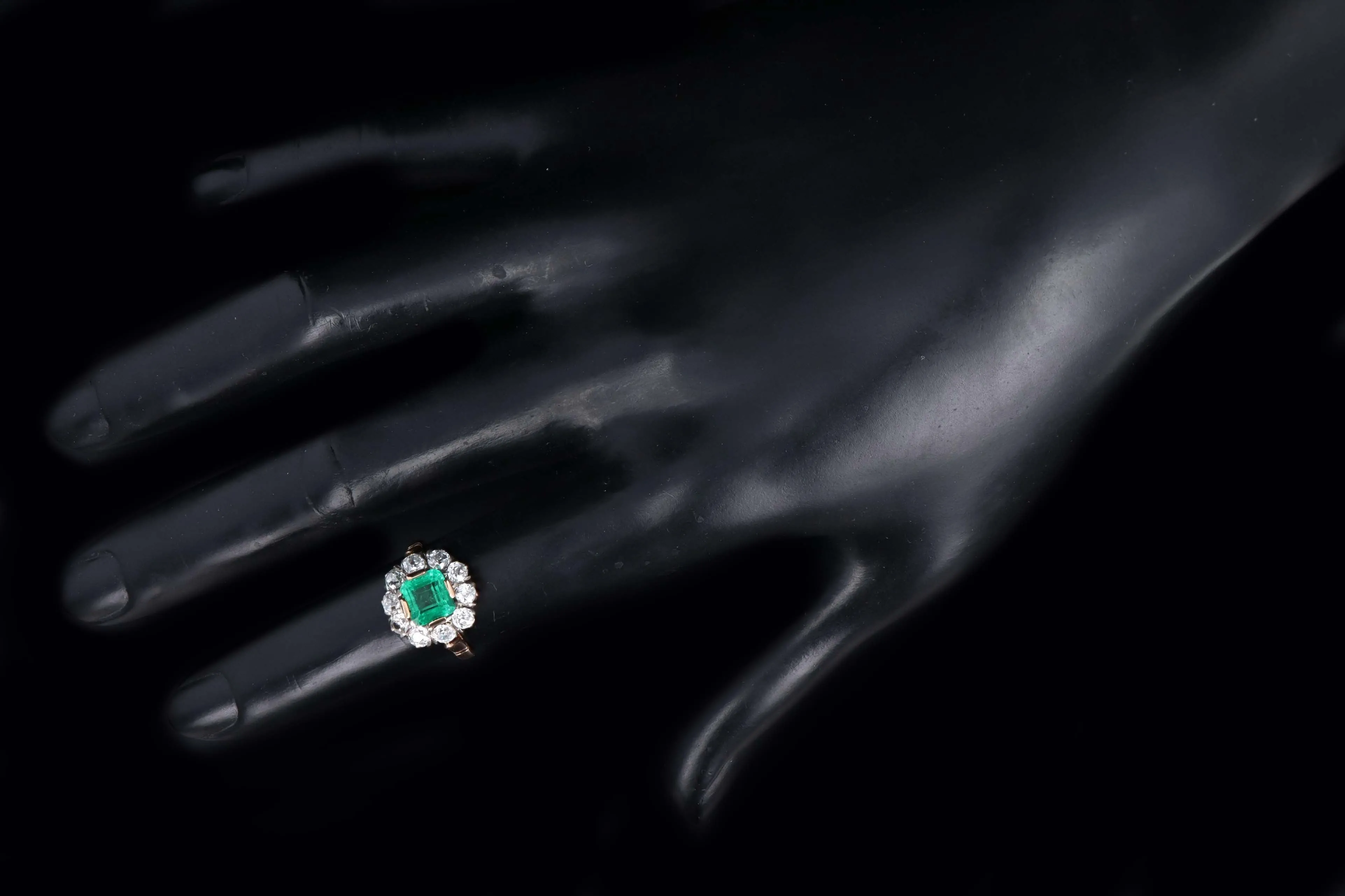 18K Yellow Gold 1.0 Carat Natural Emerald & Diamond Halo Cluster Ring
