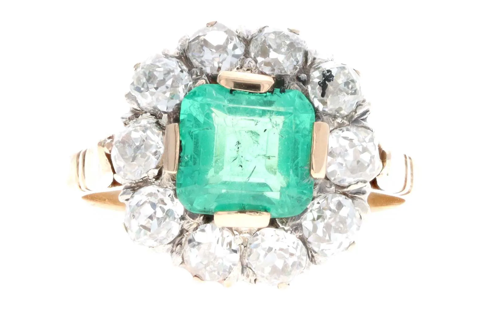 18K Yellow Gold 1.0 Carat Natural Emerald & Diamond Halo Cluster Ring