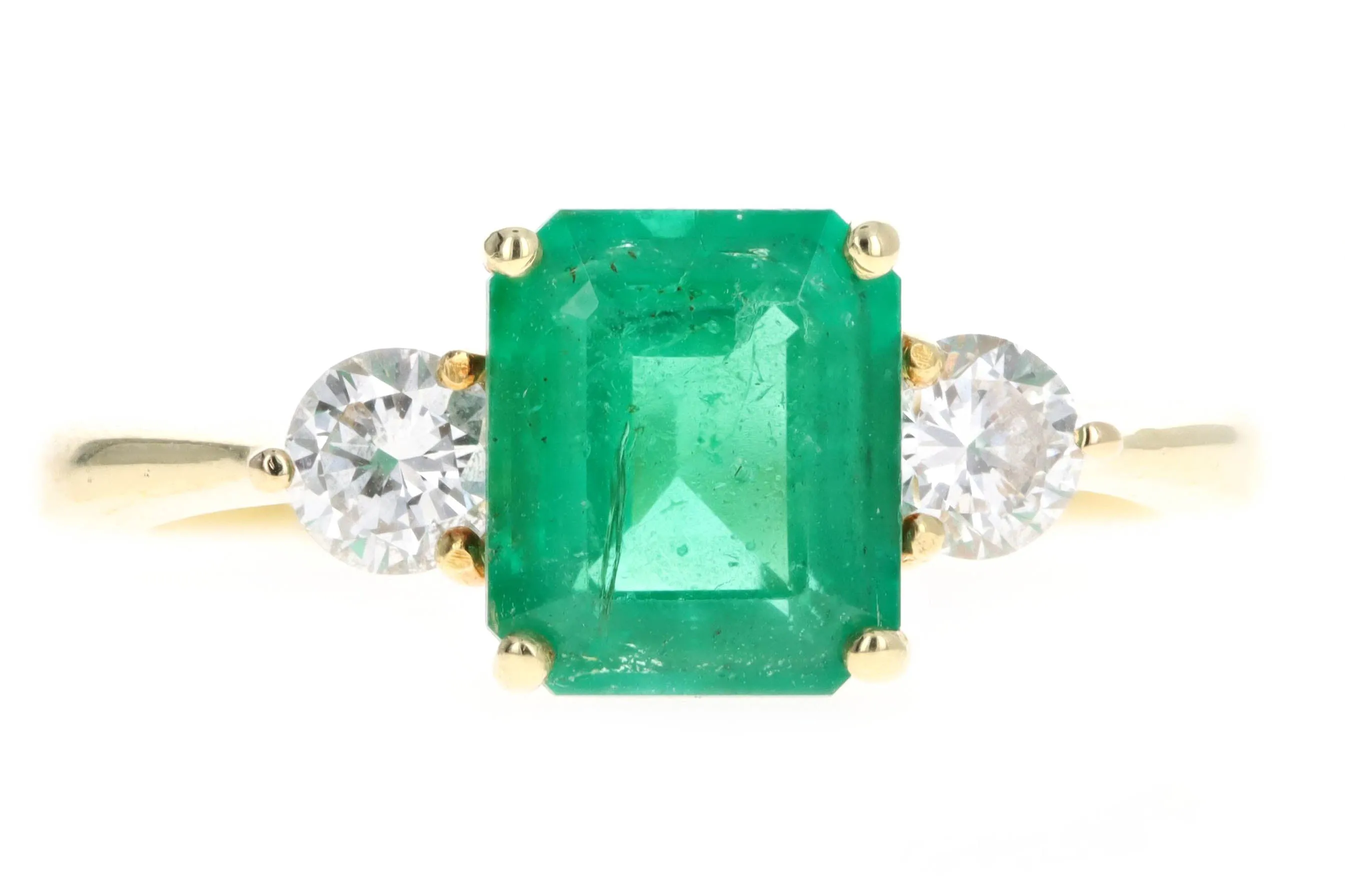 18K Yellow Gold 1.86 Carat Natural Emerald & Diamond Three Stone Ring