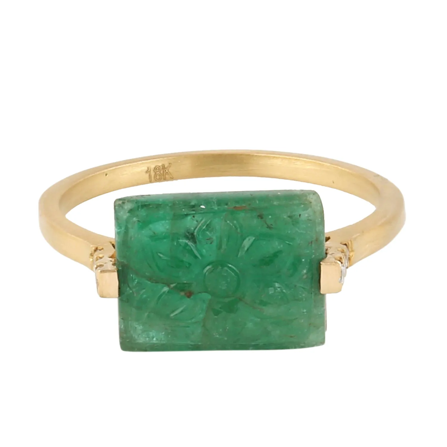 18k Yellow Gold Carving Emerald Prong Set Diamond Ring Jewelry