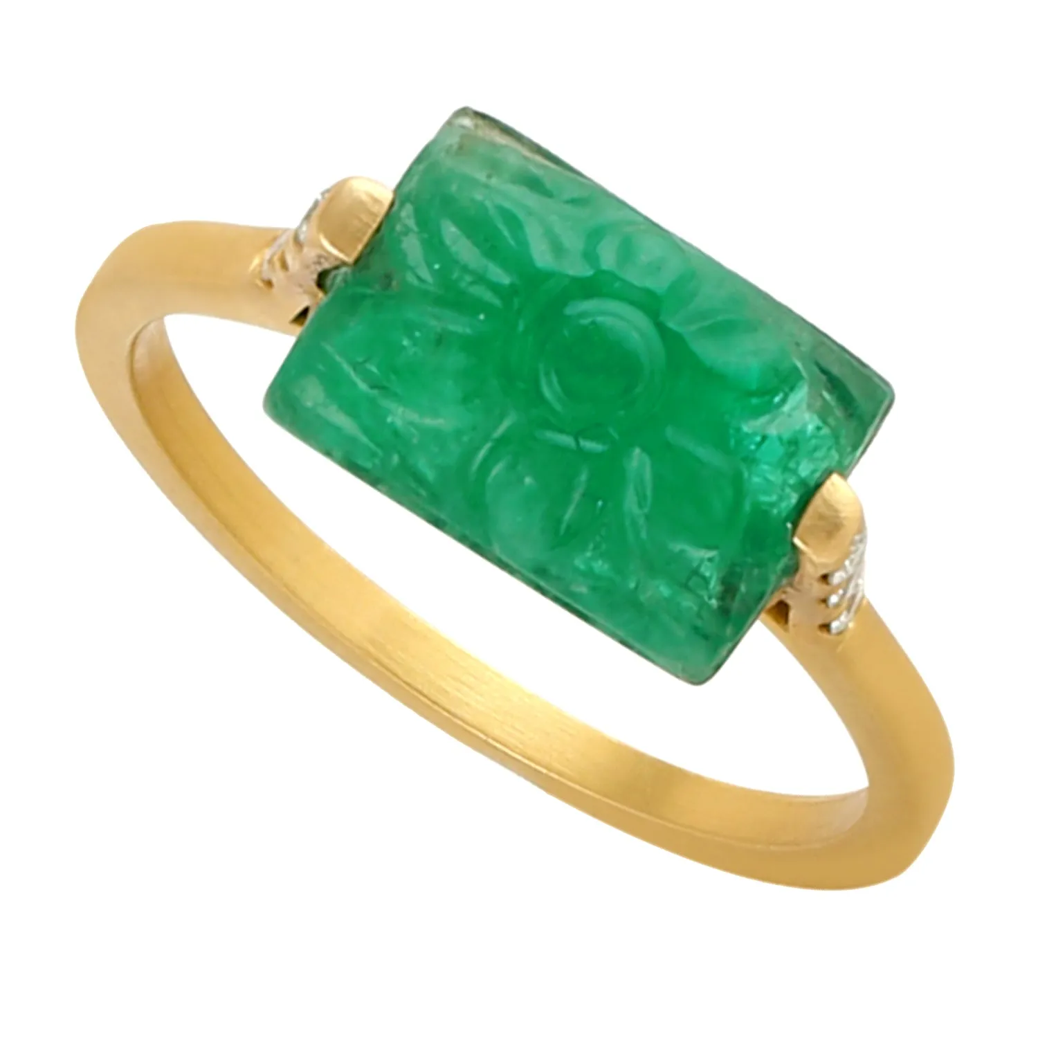 18k Yellow Gold Carving Emerald Prong Set Diamond Ring Jewelry