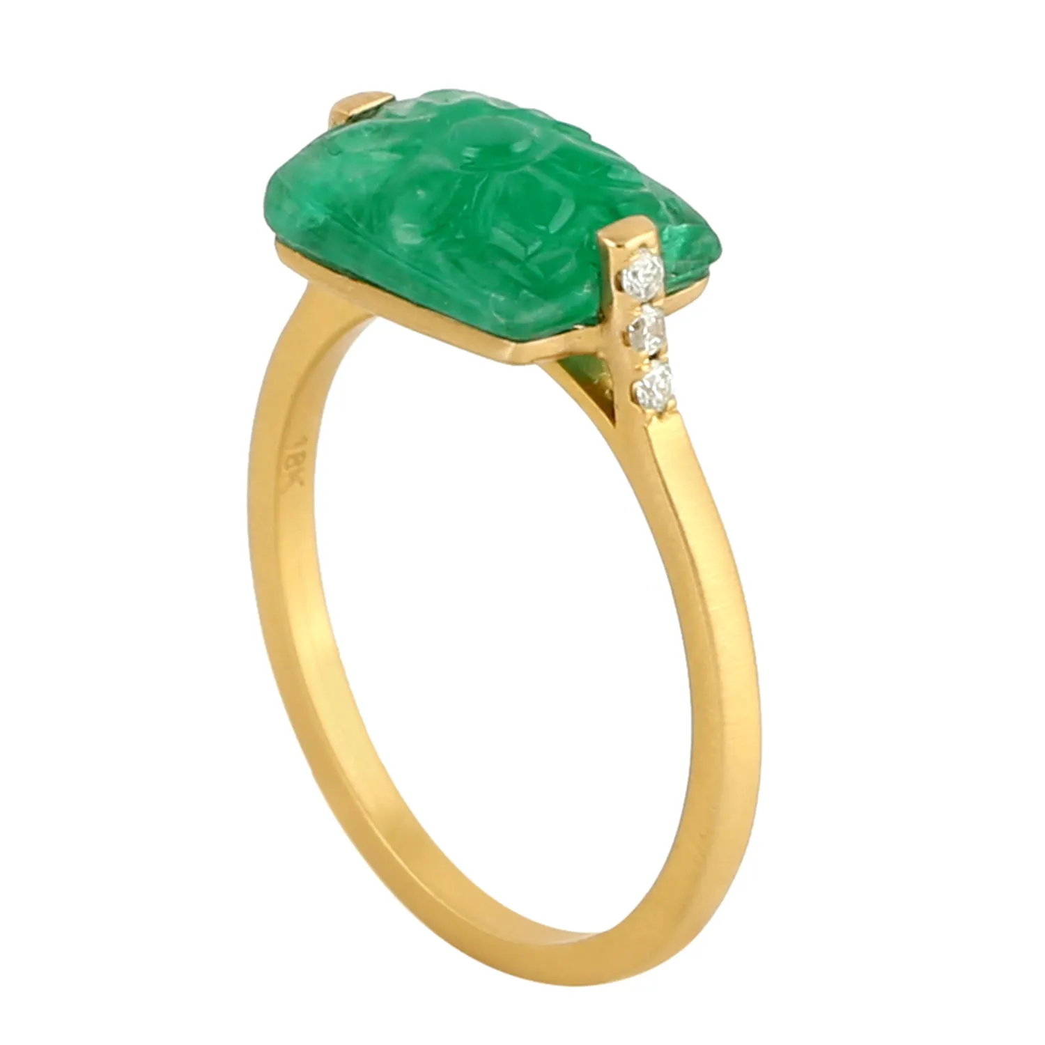 18k Yellow Gold Carving Emerald Prong Set Diamond Ring Jewelry