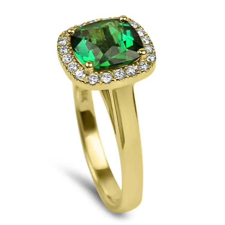 18K Yellow Gold Cushion Cut Tourmaline and Diamond Halo Ring