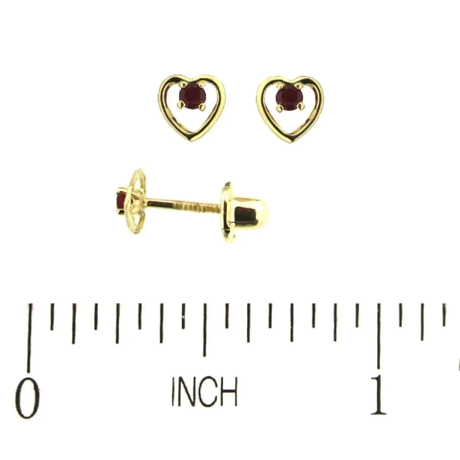 18K Yellow Gold Open Heart Center Ruby Screwback Earrings