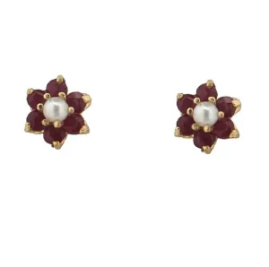 18K Yellow Gold Ruby and Pearl Flower Screwback Earring