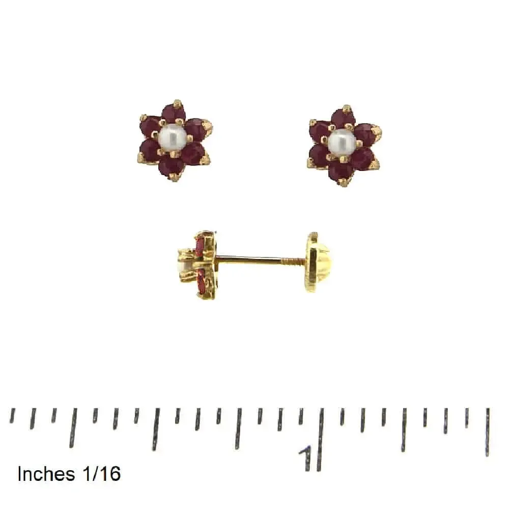 18K Yellow Gold Ruby and Pearl Flower Screwback Earring