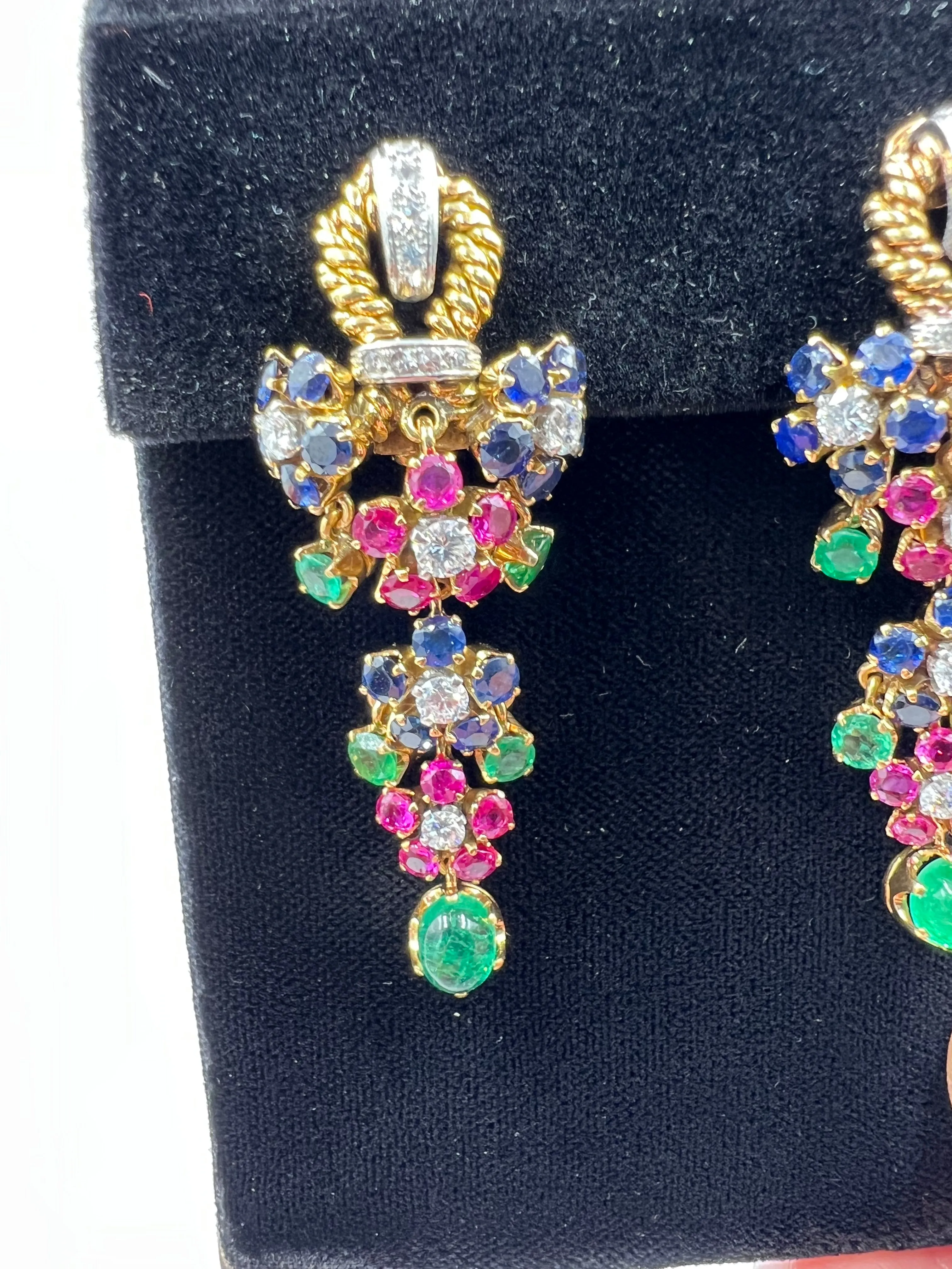1950s Emerald Ruby Sapphire Diamond Dangling Clip On Earrings