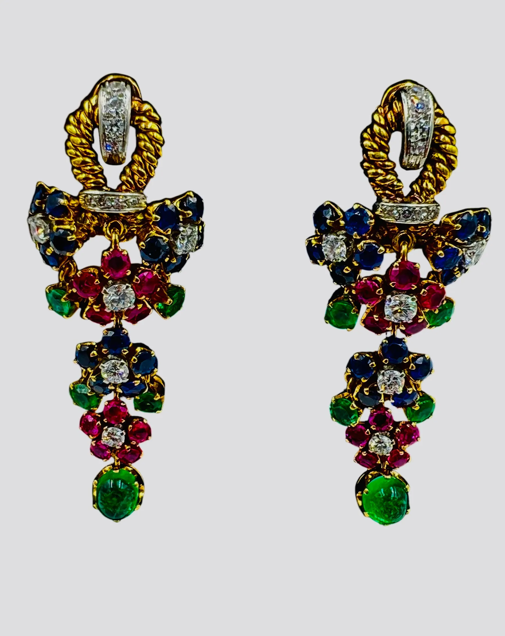 1950s Emerald Ruby Sapphire Diamond Dangling Clip On Earrings