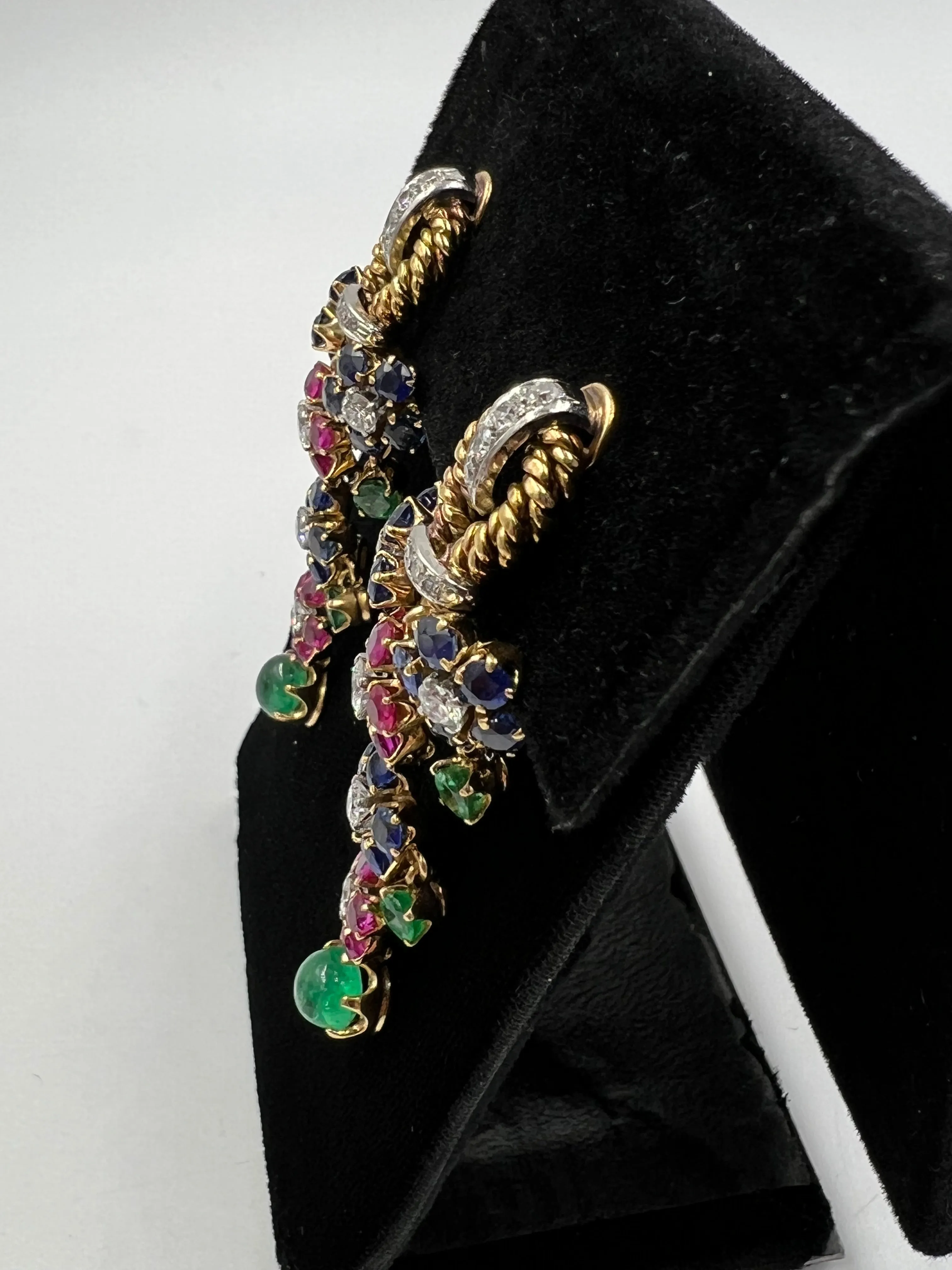 1950s Emerald Ruby Sapphire Diamond Dangling Clip On Earrings