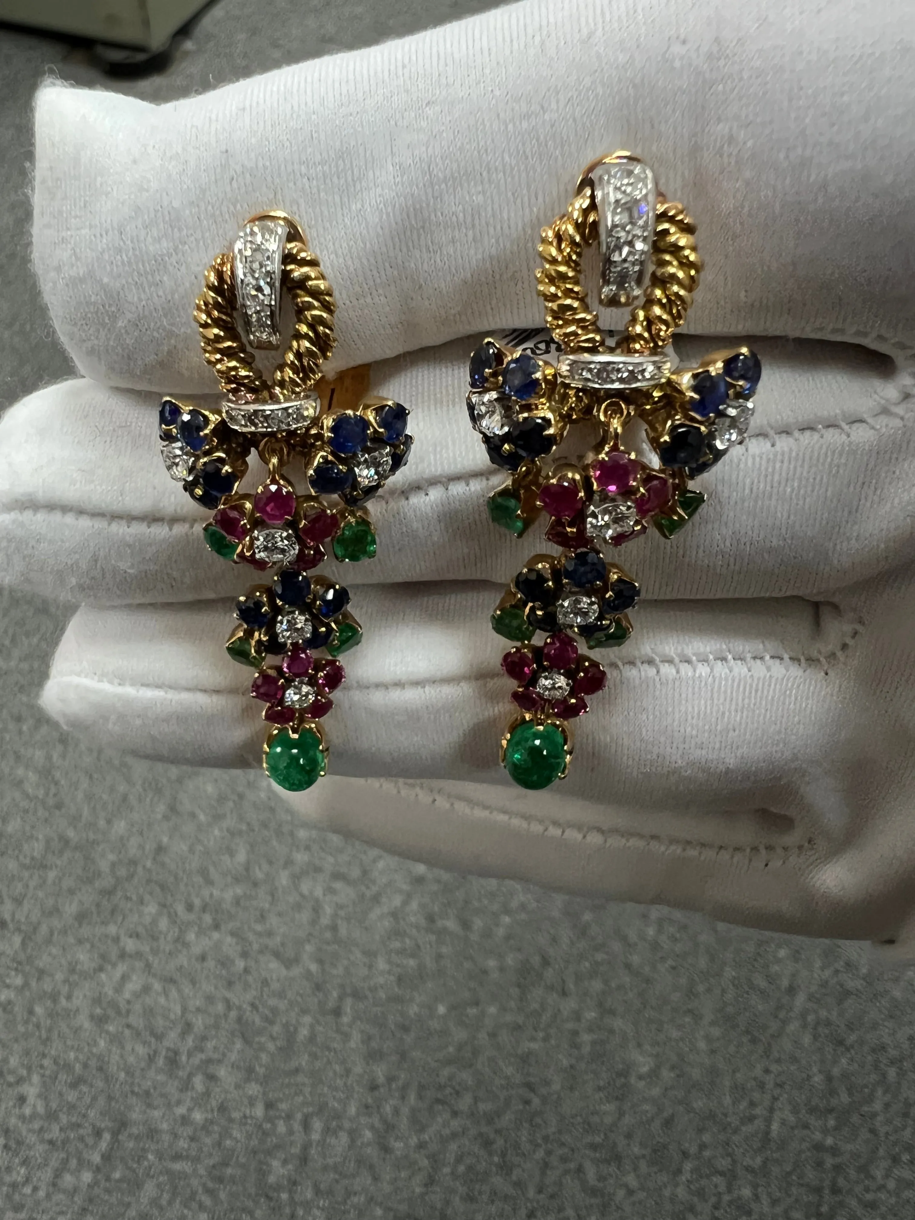 1950s Emerald Ruby Sapphire Diamond Dangling Clip On Earrings