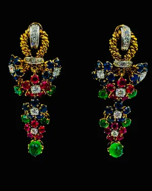 1950s Emerald Ruby Sapphire Diamond Dangling Clip On Earrings