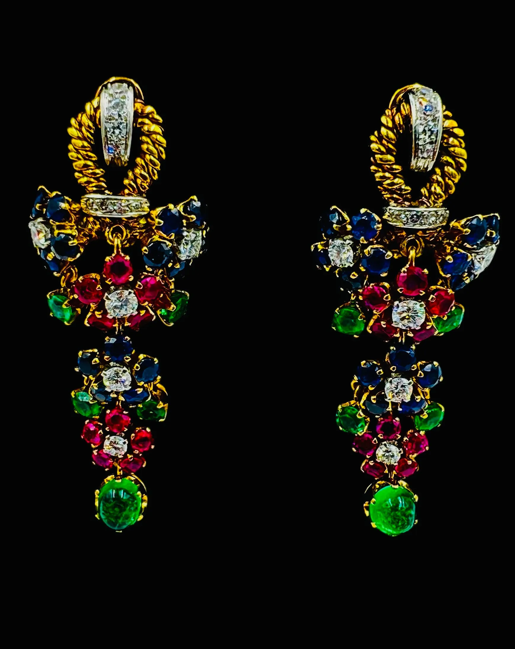 1950s Emerald Ruby Sapphire Diamond Dangling Clip On Earrings