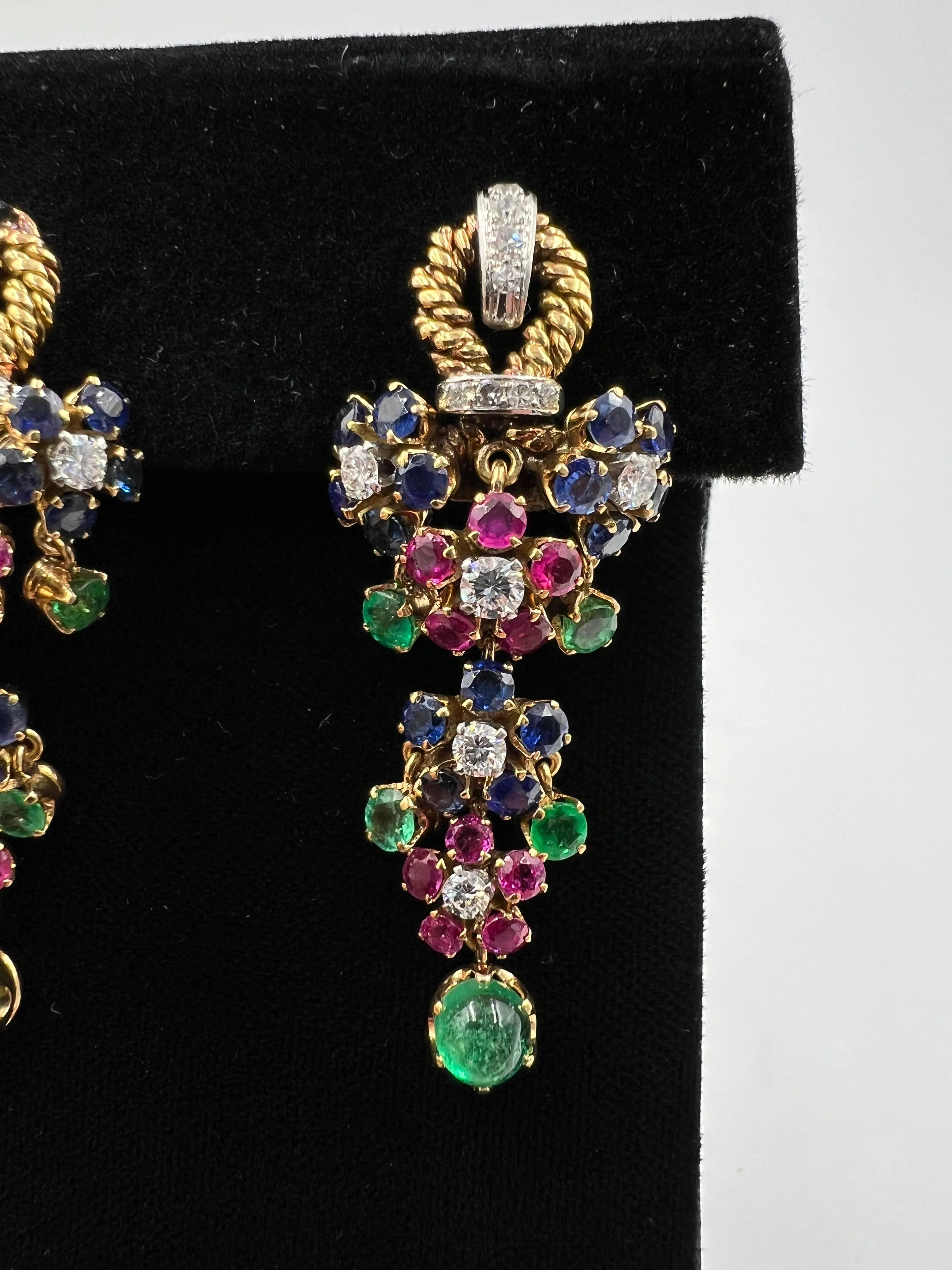 1950s Emerald Ruby Sapphire Diamond Dangling Clip On Earrings
