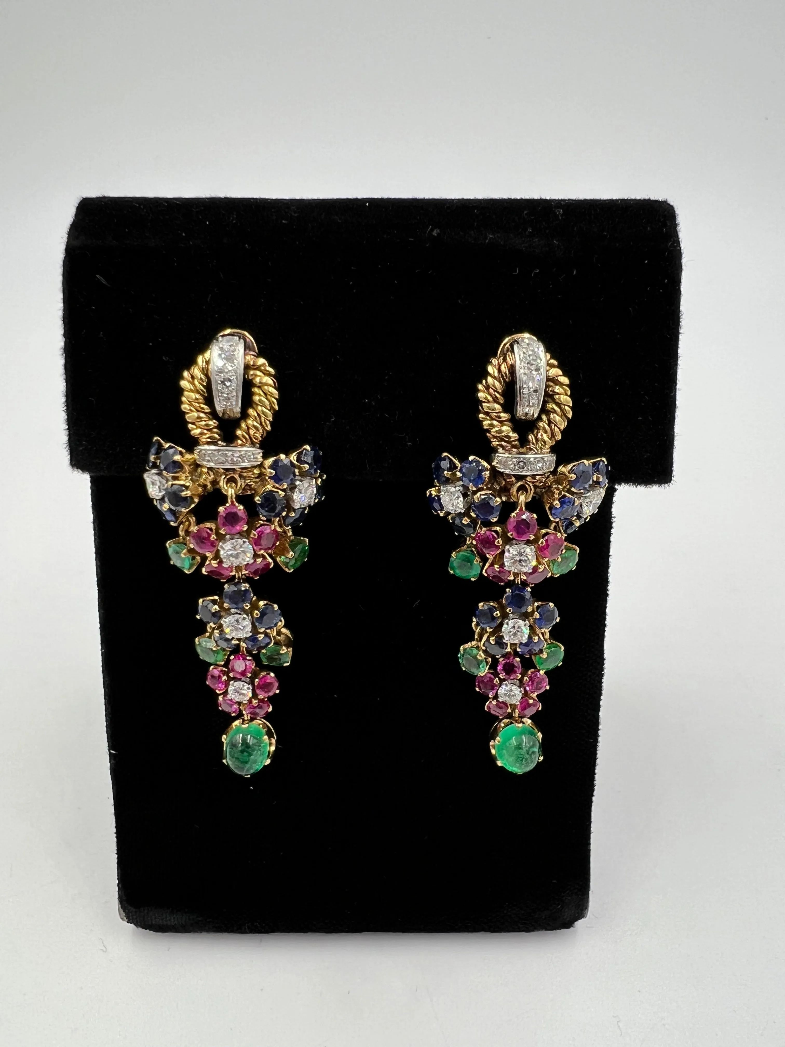 1950s Emerald Ruby Sapphire Diamond Dangling Clip On Earrings