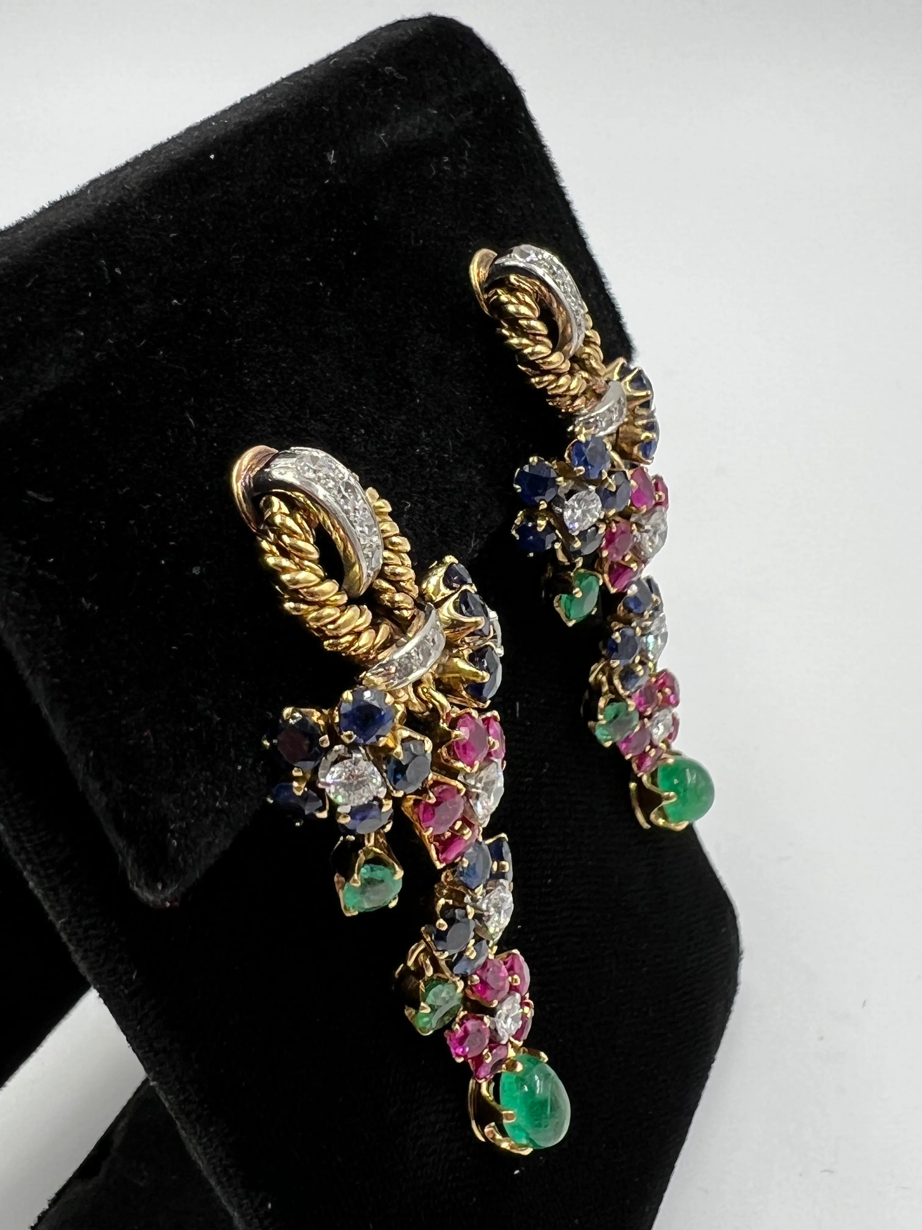 1950s Emerald Ruby Sapphire Diamond Dangling Clip On Earrings