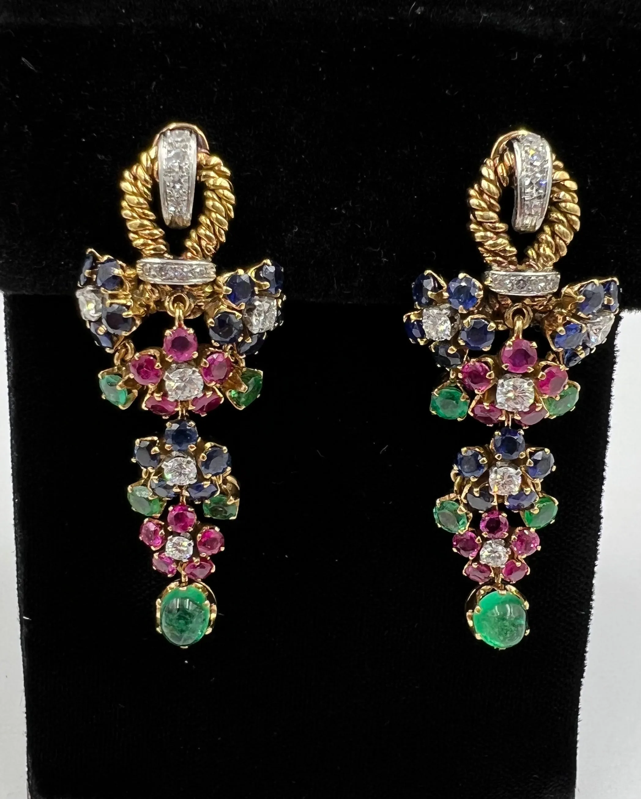 1950s Emerald Ruby Sapphire Diamond Dangling Clip On Earrings