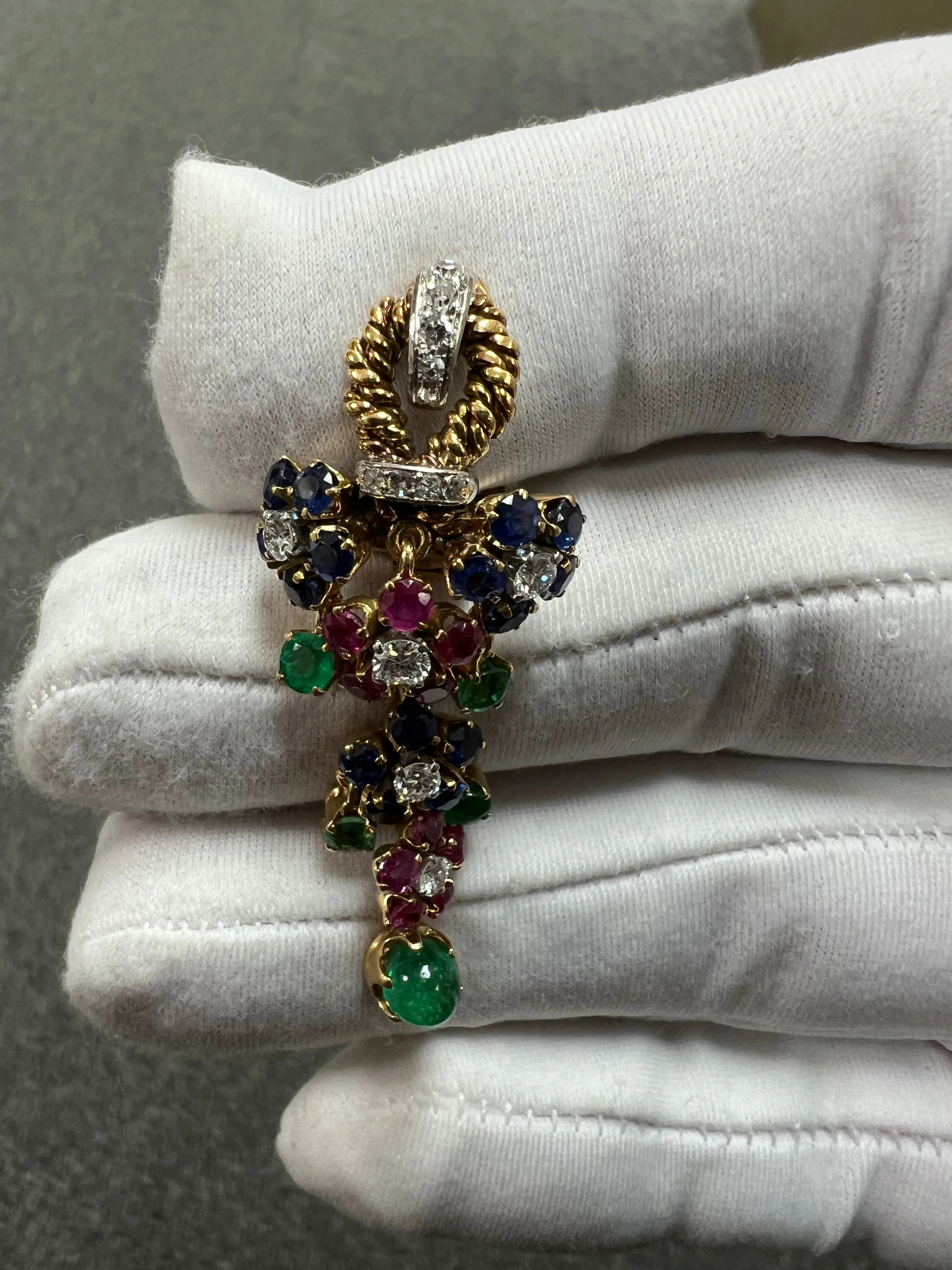 1950s Emerald Ruby Sapphire Diamond Dangling Clip On Earrings