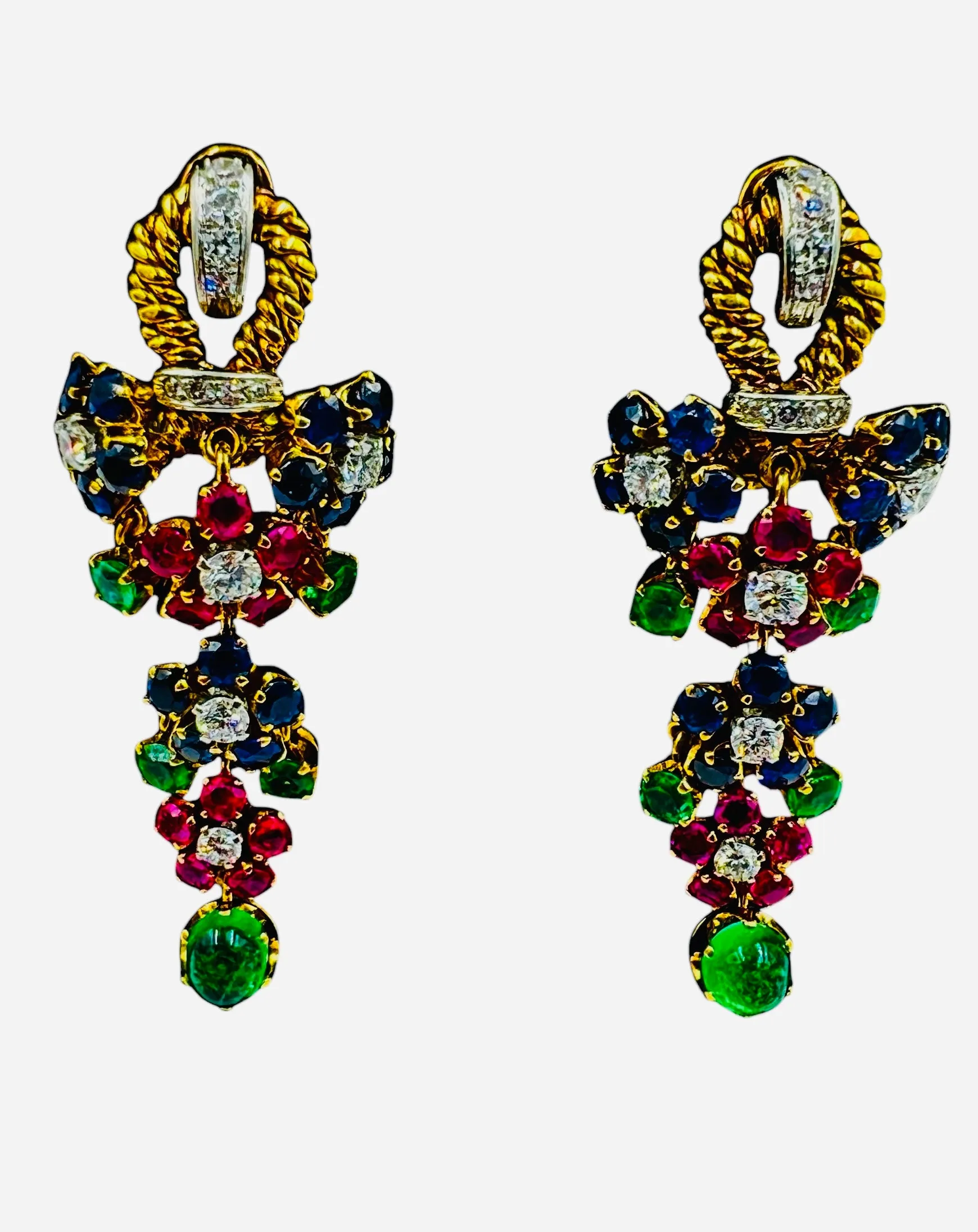 1950s Emerald Ruby Sapphire Diamond Dangling Clip On Earrings