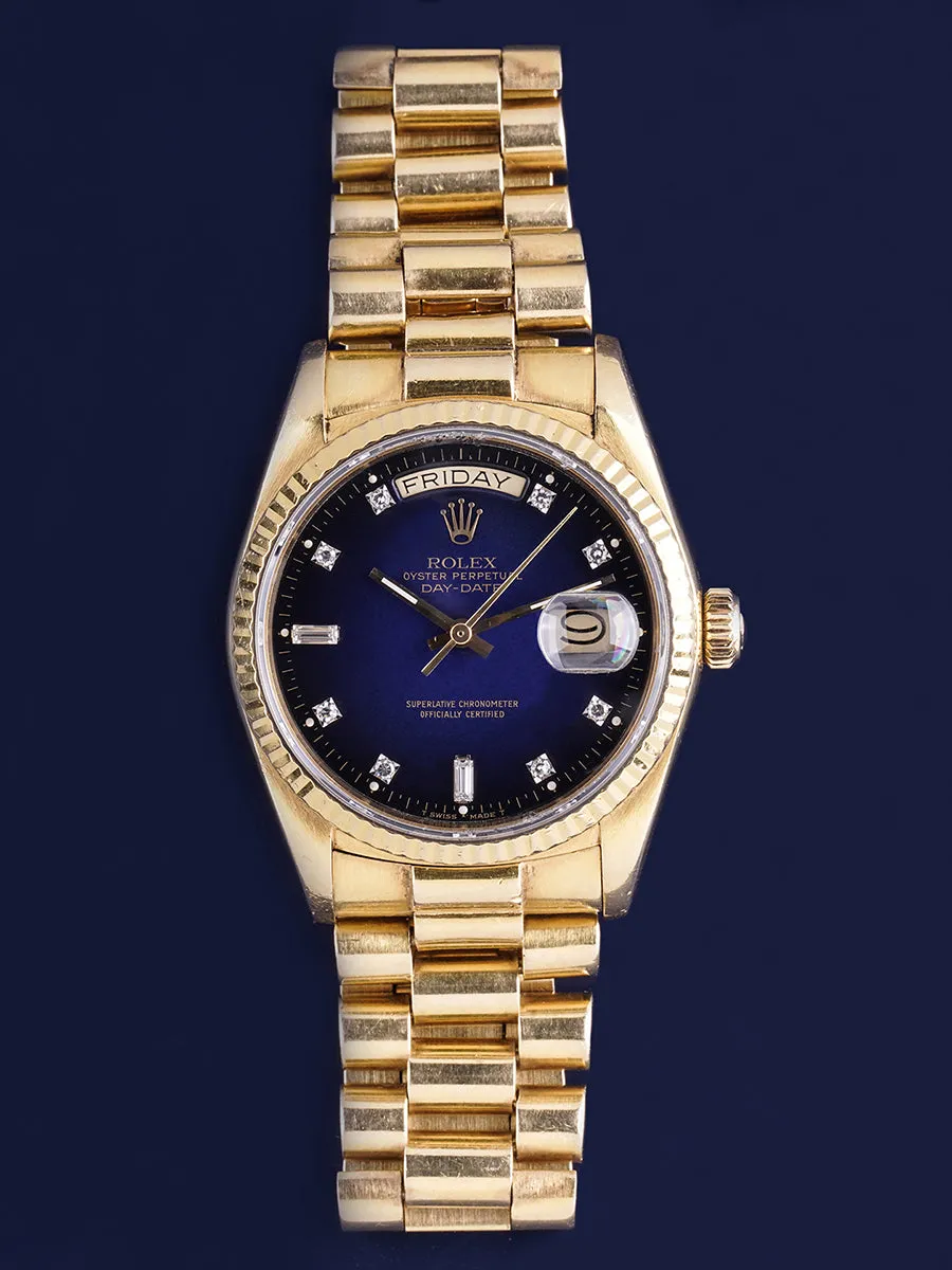 1986 Rolex Day-Date (Ref. 18038) "Factory Blue Vignette Diamond Dial"