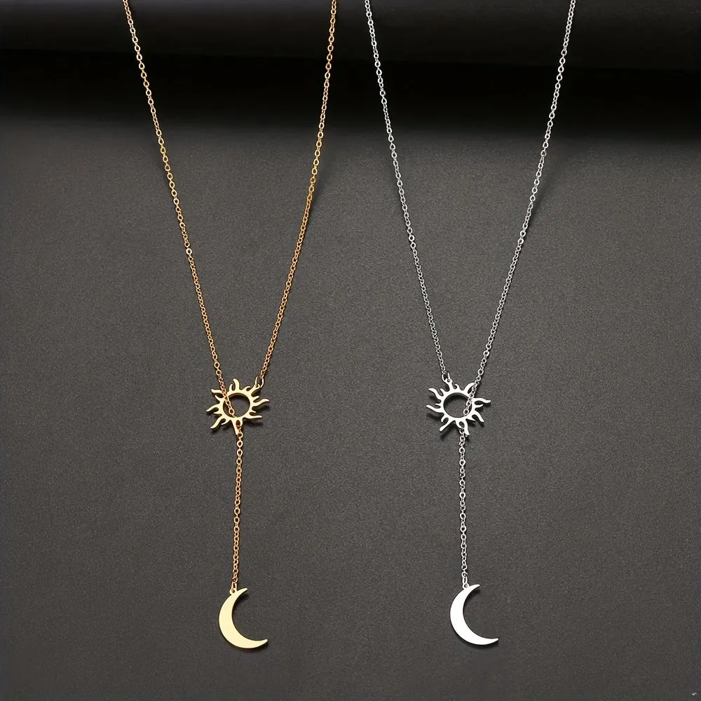 1pc Bohemian Style Sun & Moon Pendant Necklace, Elegant Minimalist 18K Gold Plated Jewelry, Ideal For Party & Holiday Gift, Ramadan Decor Accessories
