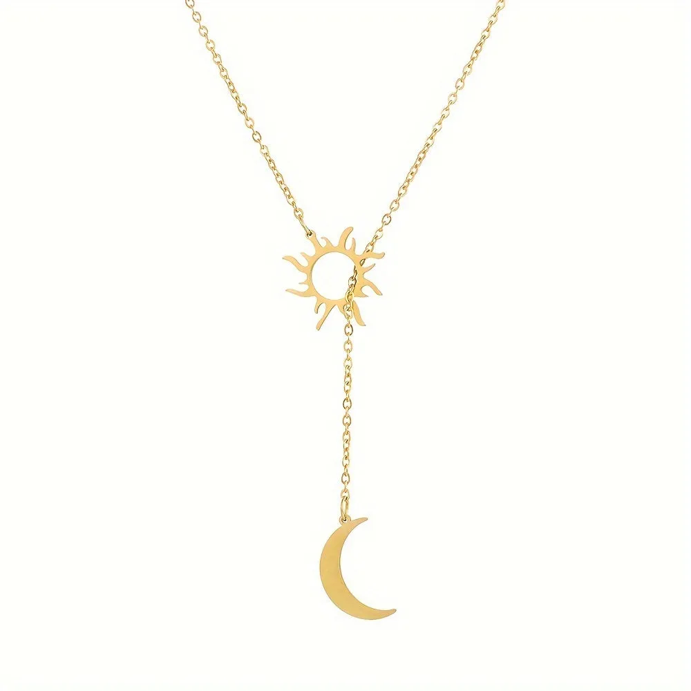 1pc Bohemian Style Sun & Moon Pendant Necklace, Elegant Minimalist 18K Gold Plated Jewelry, Ideal For Party & Holiday Gift, Ramadan Decor Accessories