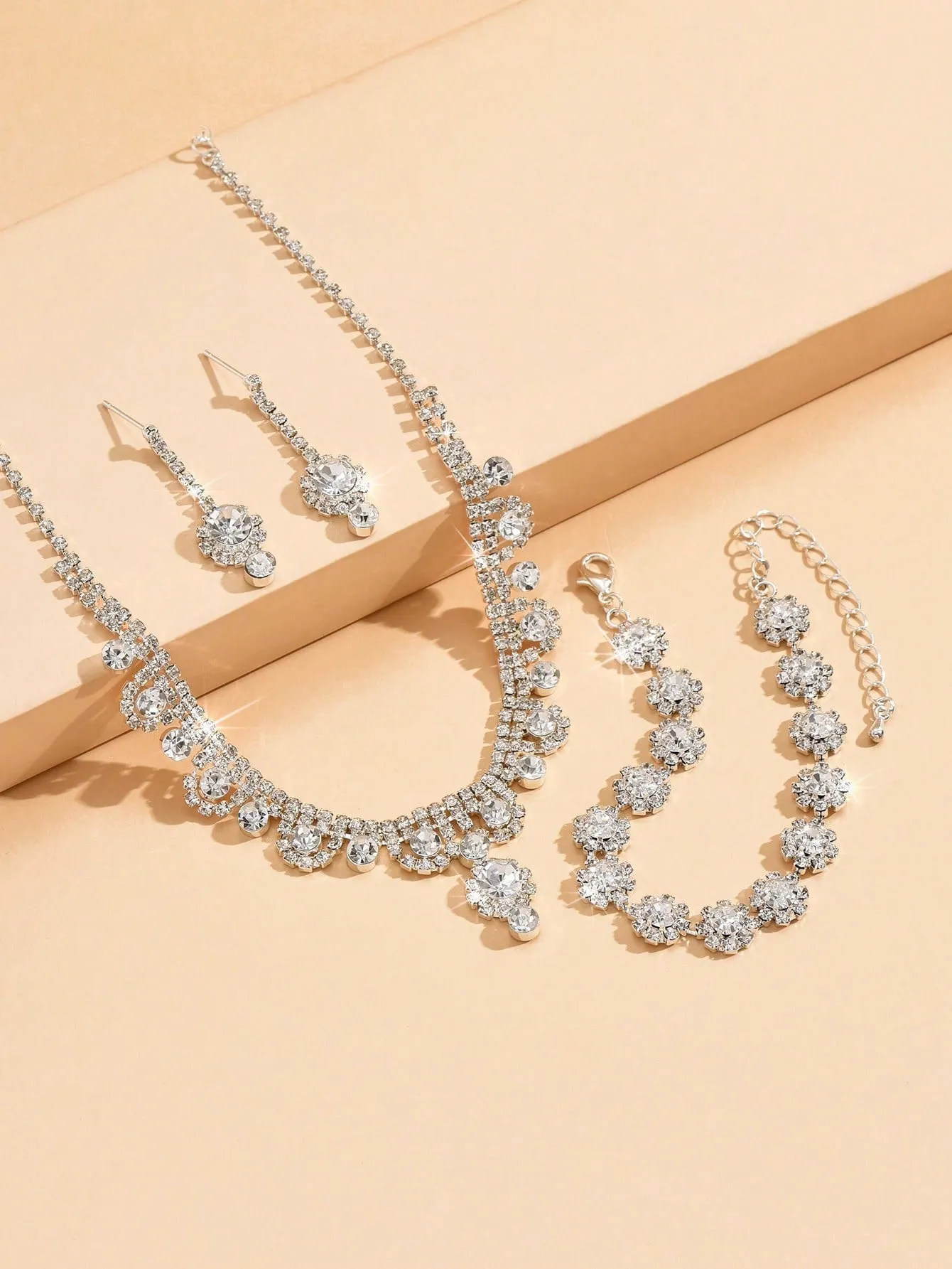 1set Fashionable Floral Full Rhinestone Necklace Earrings Bracelet Jewelry Set, Elegant Luxurious For Wedding Evening Party Women