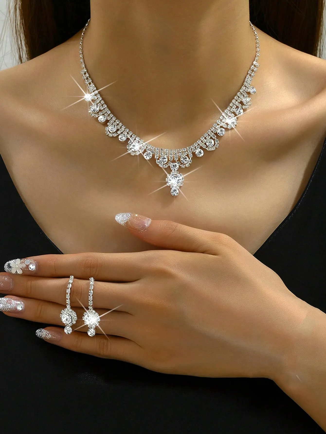1set Fashionable Floral Full Rhinestone Necklace Earrings Bracelet Jewelry Set, Elegant Luxurious For Wedding Evening Party Women